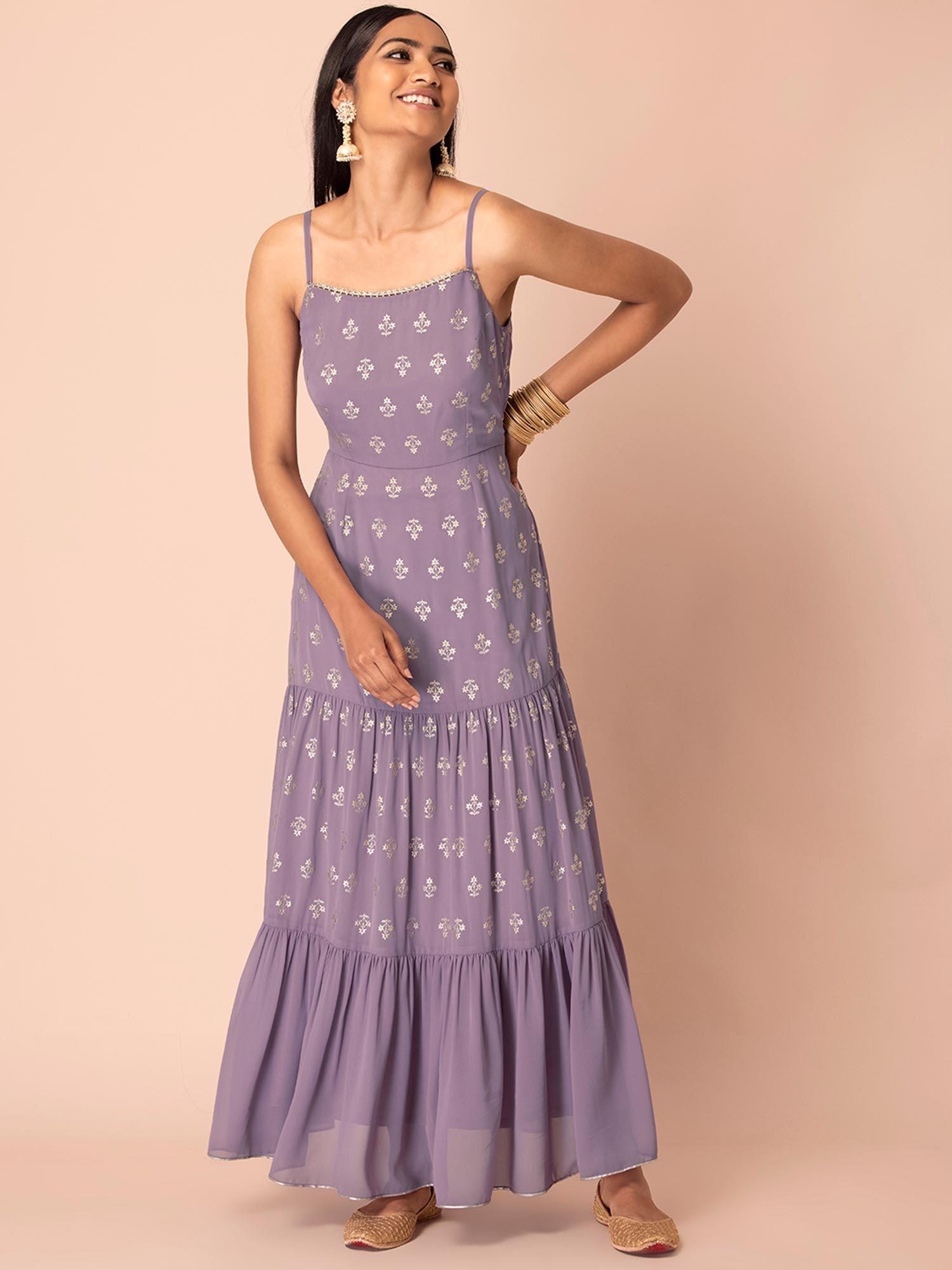 Lavender Foil Tiered Strappy Maxi Dress