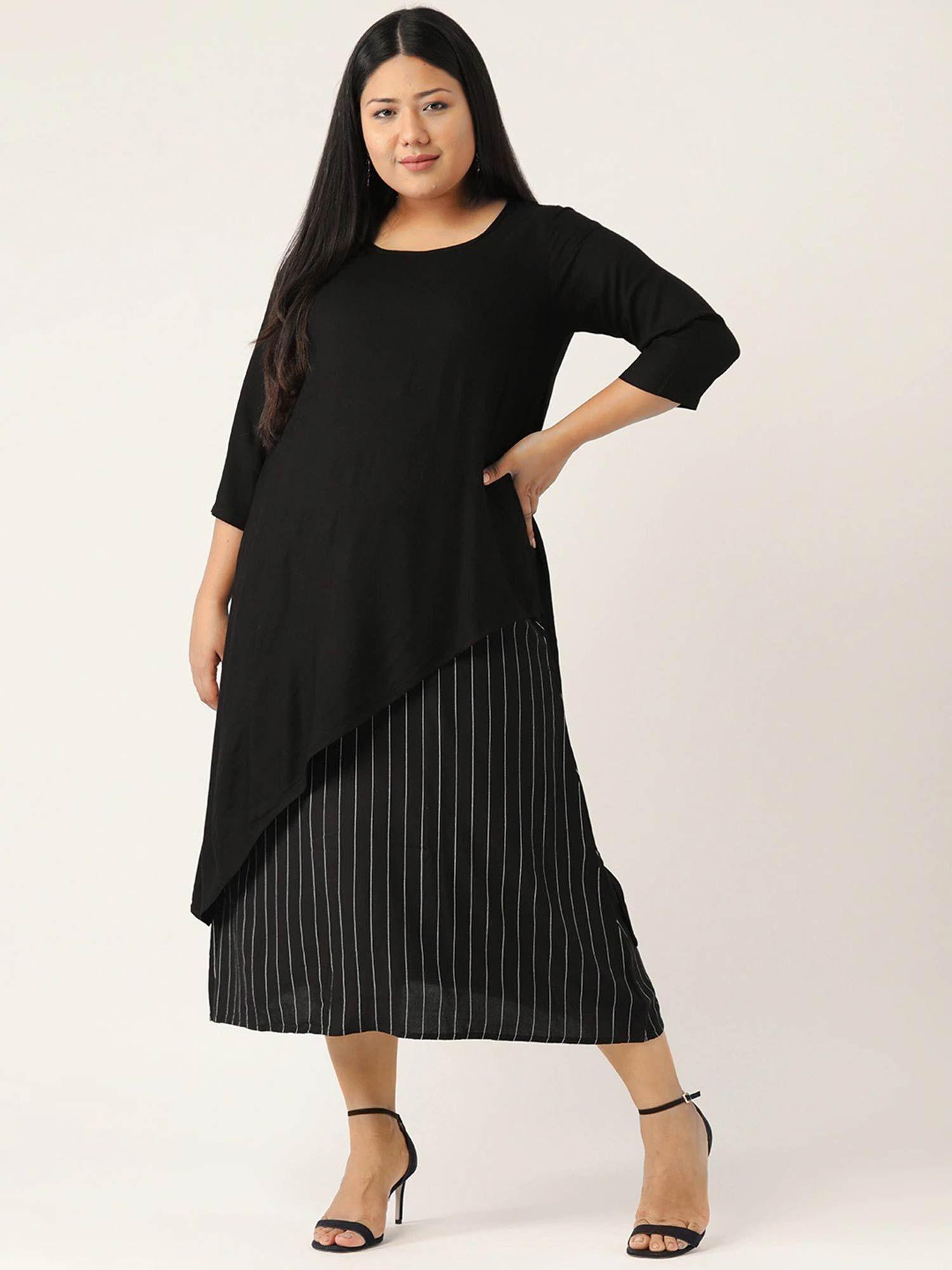 Plus Size Womens Black & White Striped Layered A-Line Dress