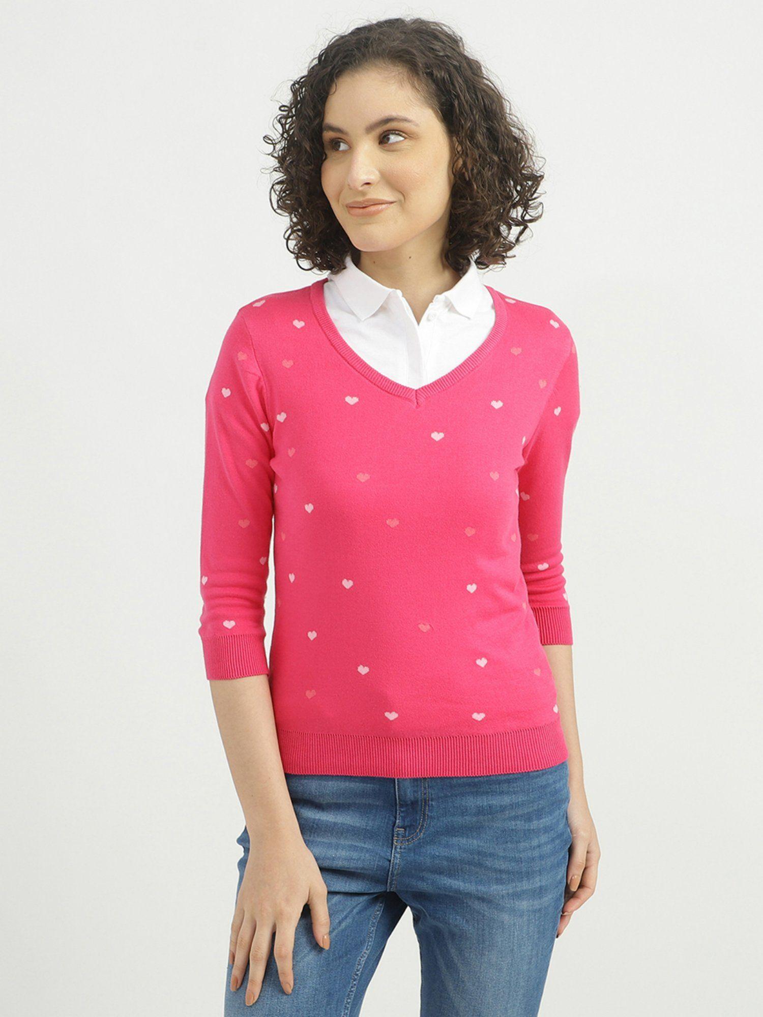 Women Pink Printed V-Neck Sweater