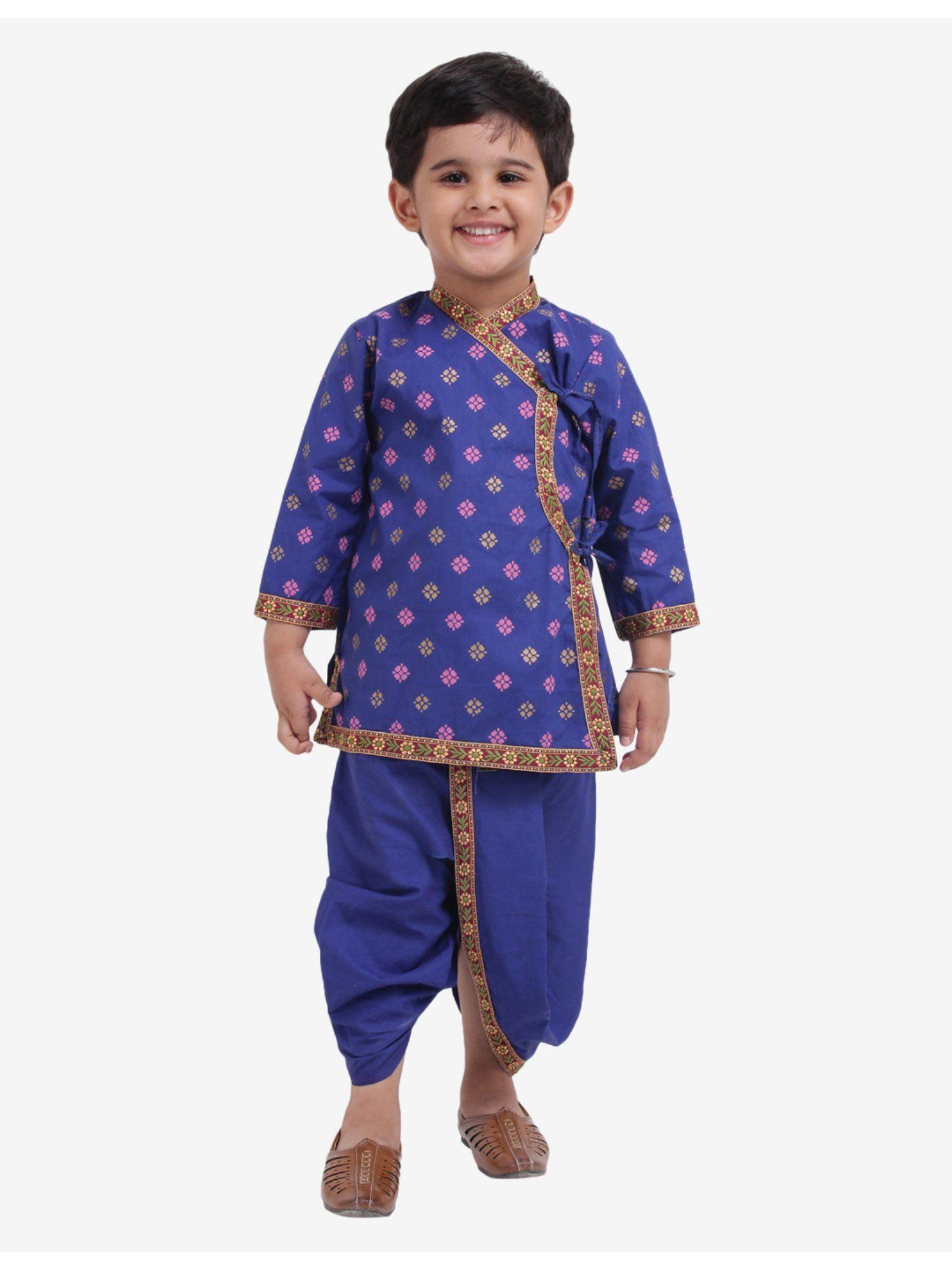 Boys Full Sleeve Cotton Kanhaiya Kurta With Dhoti Set Blue (Set of 2)