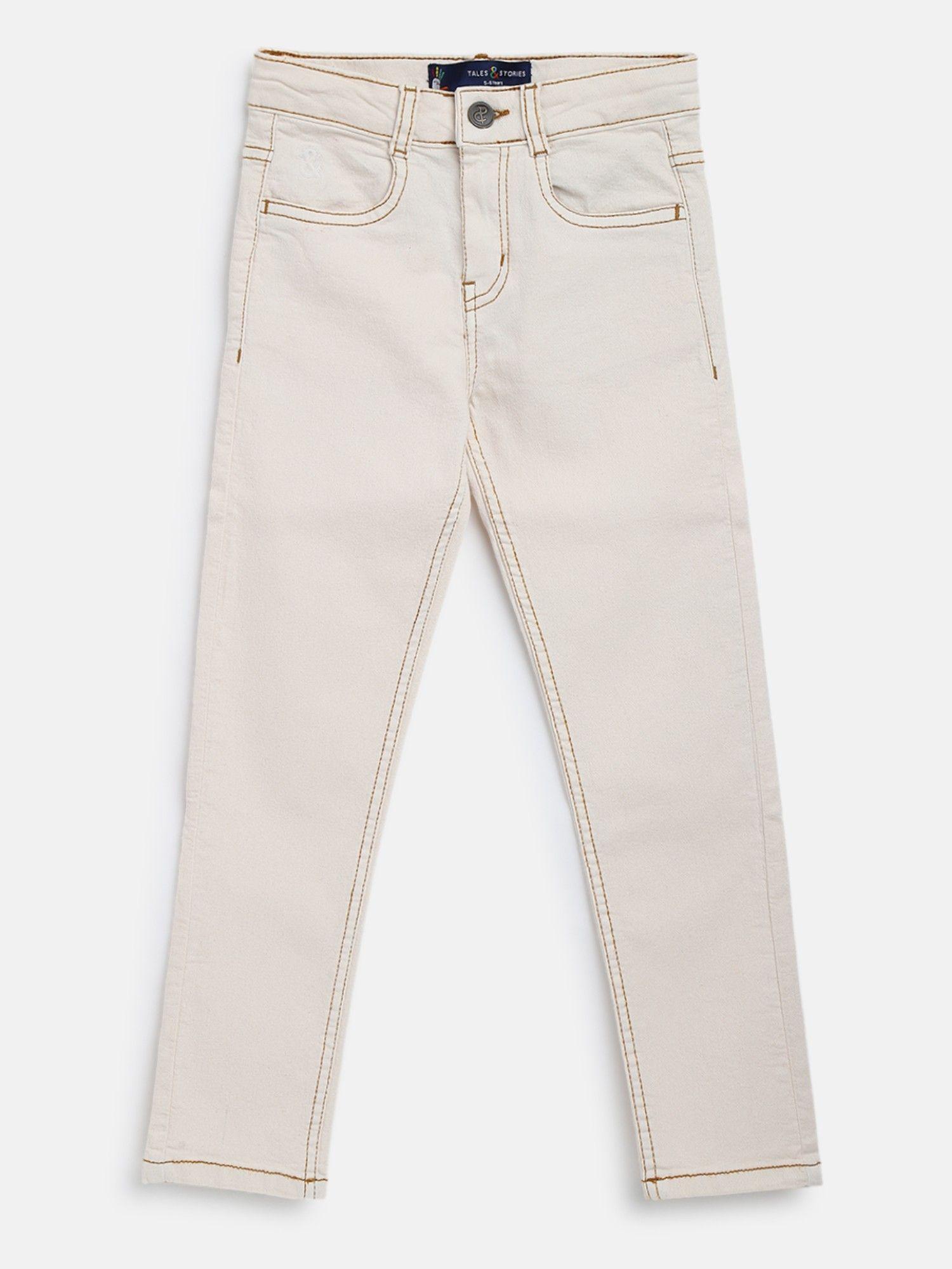 Boys Cream Cotton Lycra Solid Jeans