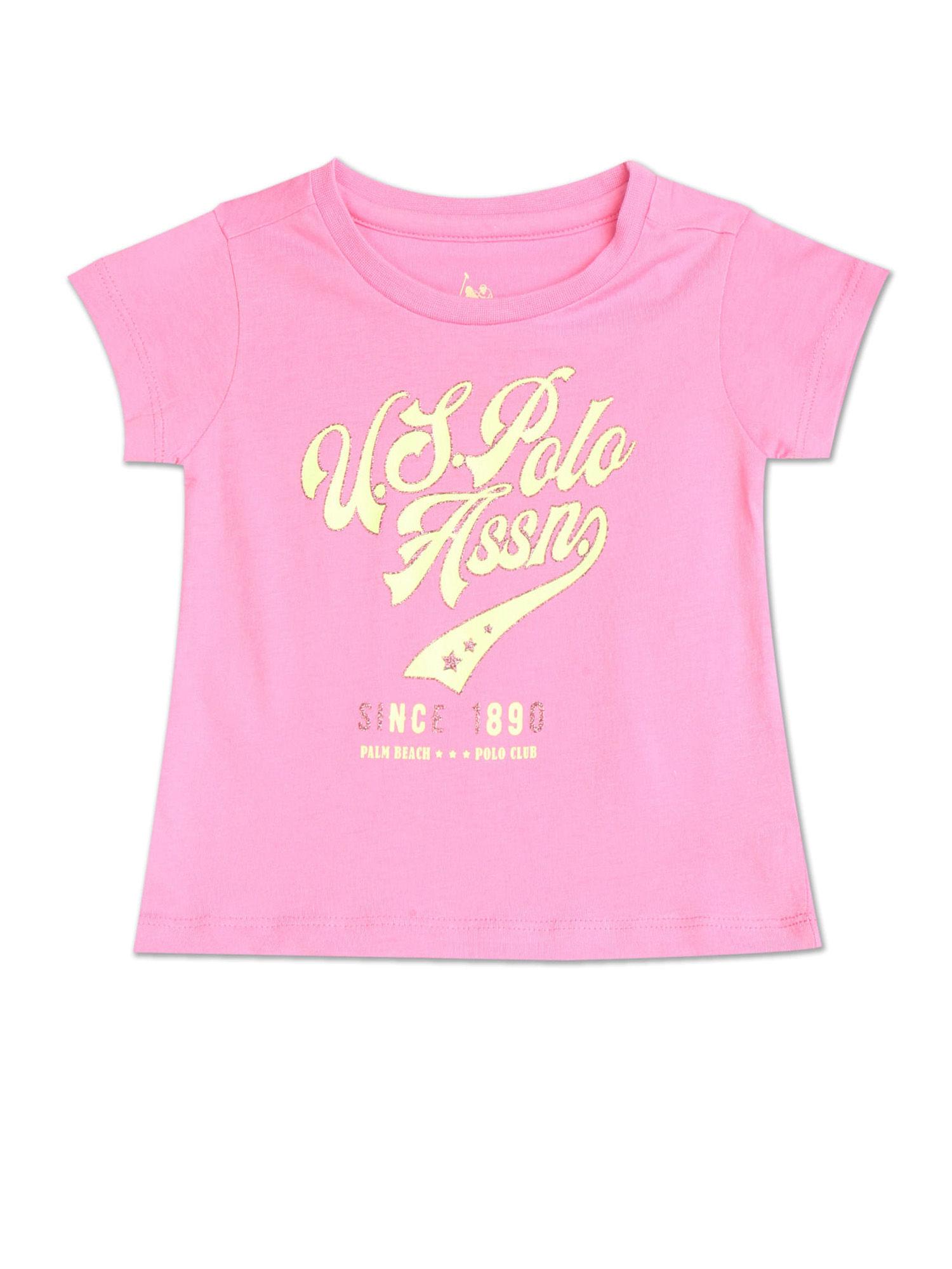 Girls Pink Crew Neck Brand Print T-Shirt