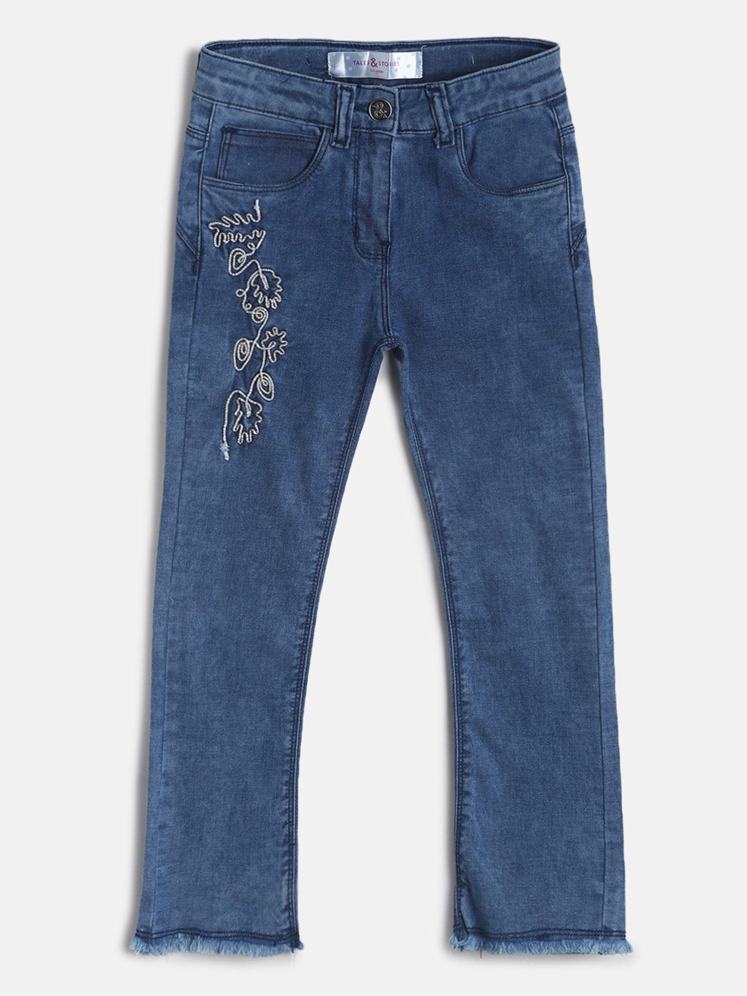 Girls Blue Lycra Embroidered Jeans