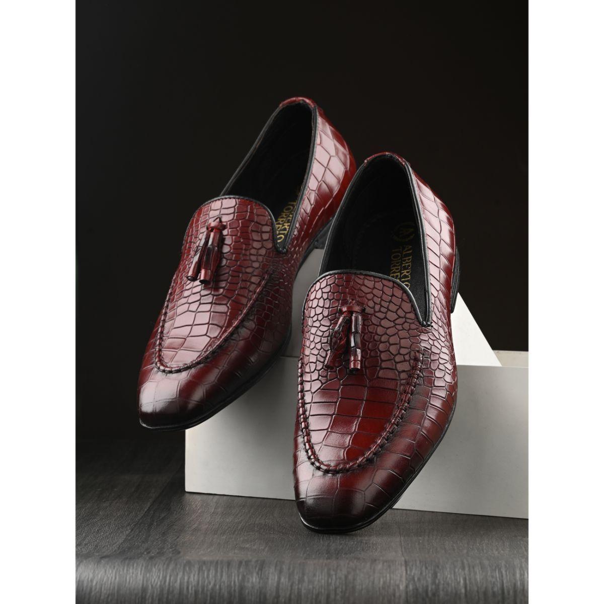 Genuine Leather Tasseled Textured Casual Shoes- Burgundy