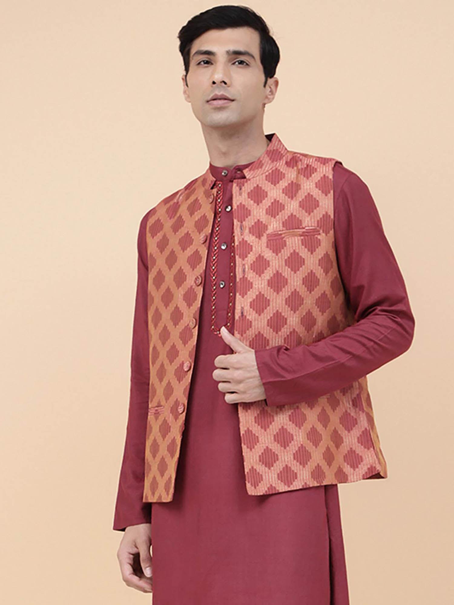 Pink Viscose Silk Woven Nehru Jacket