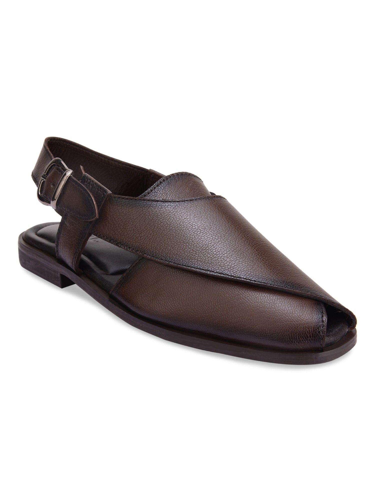 Brown Men Solid Leather Ethnic Sandals