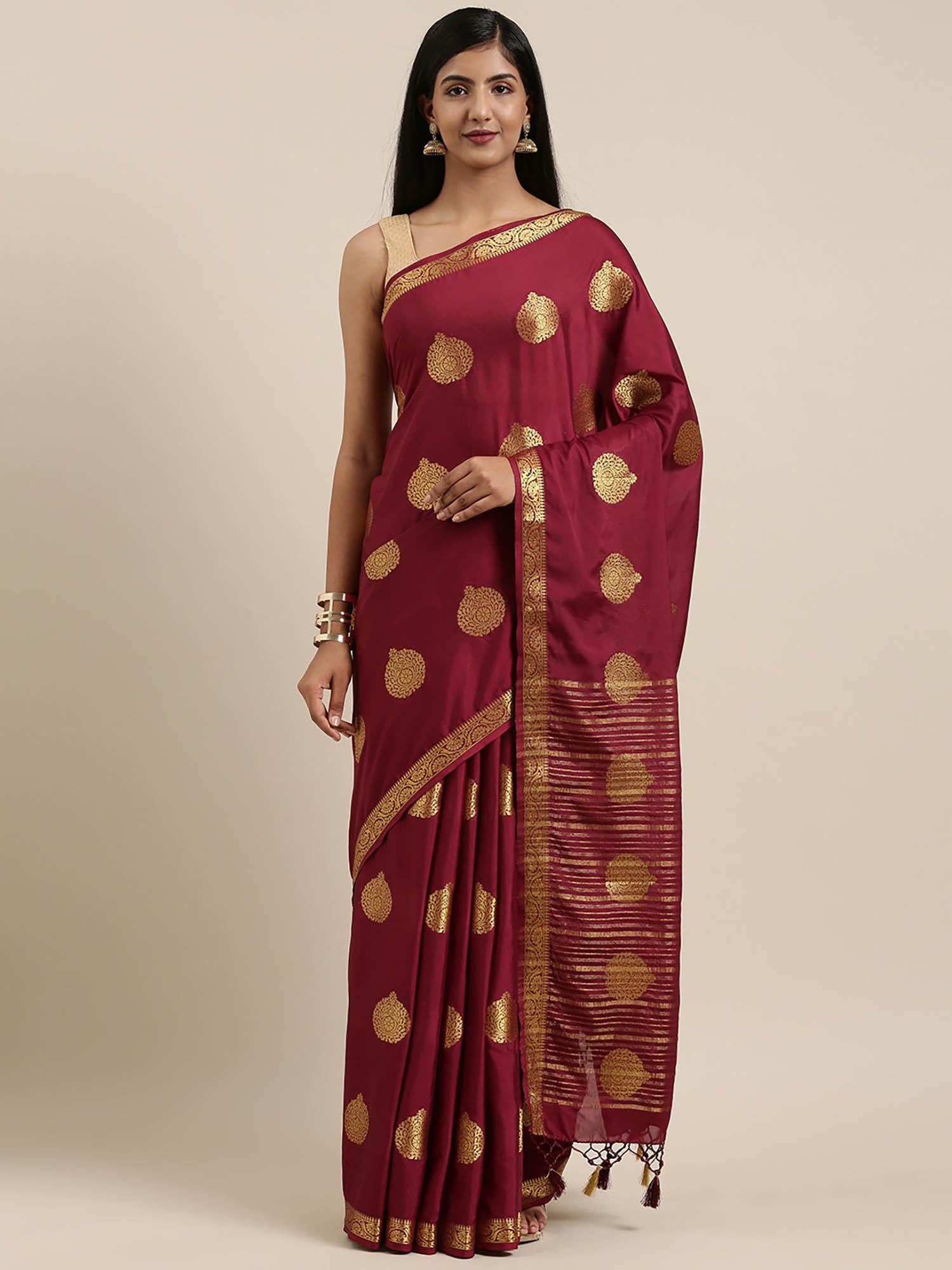 Mysore Silk Style Crepe Saree Maroon With Unstitched Blouse