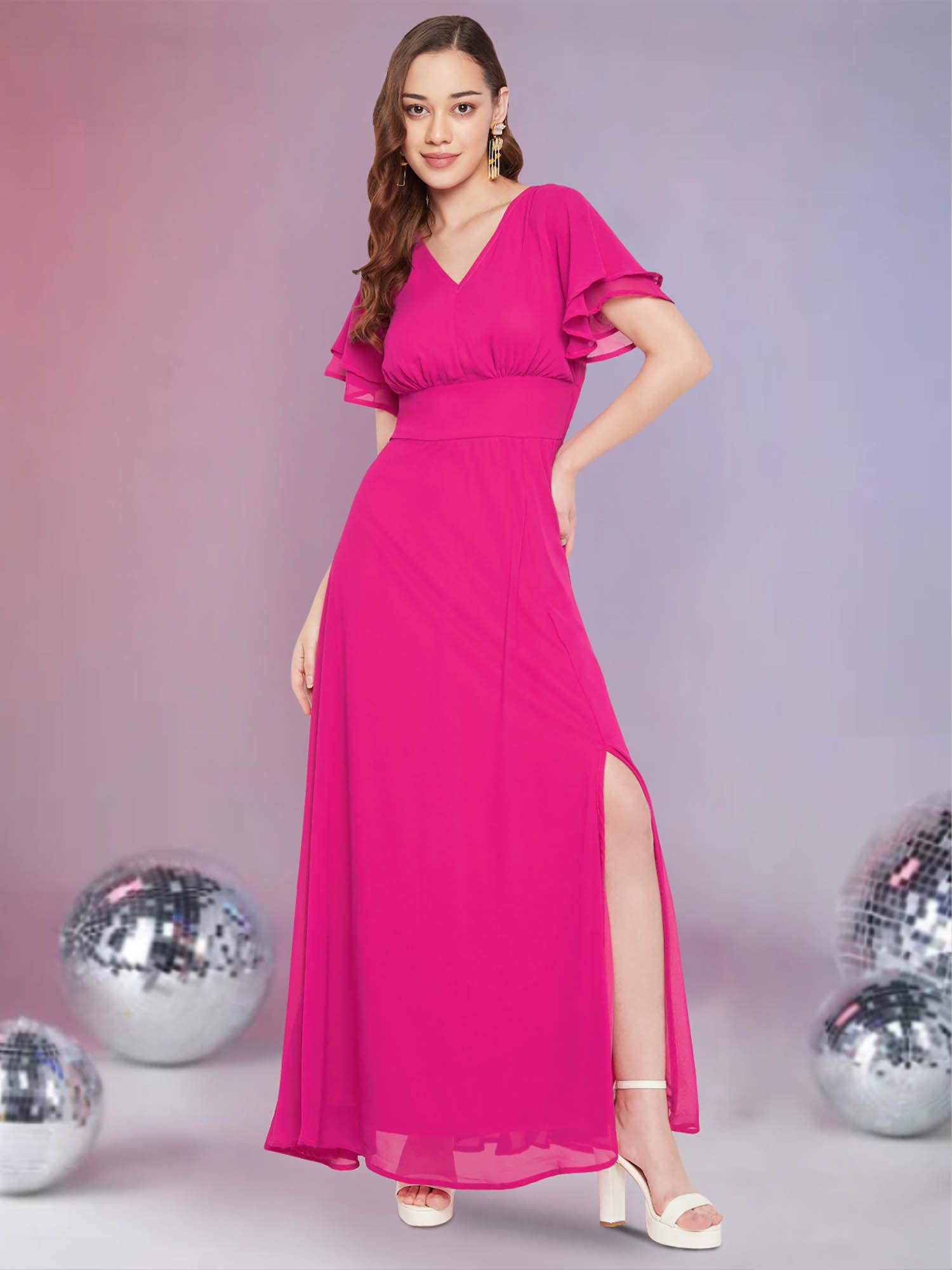 Women Fuchsia Pink Styled Back Gown