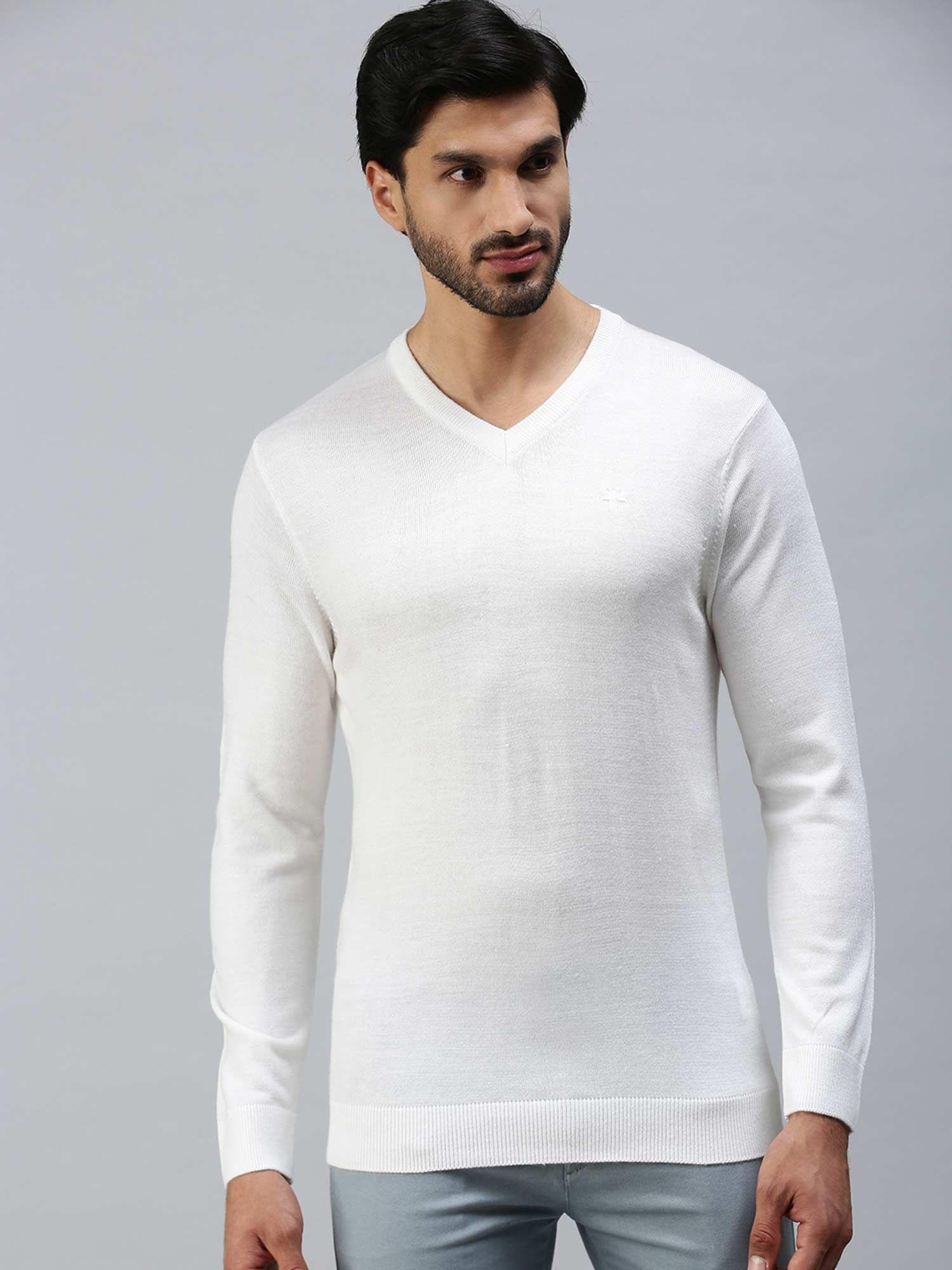 Men White Solid Pullover Sweater