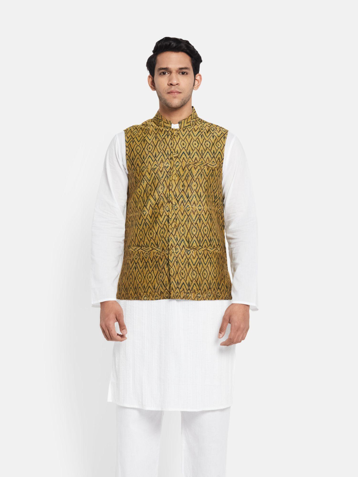 Cotton Green Printed Men Nehru Jacket