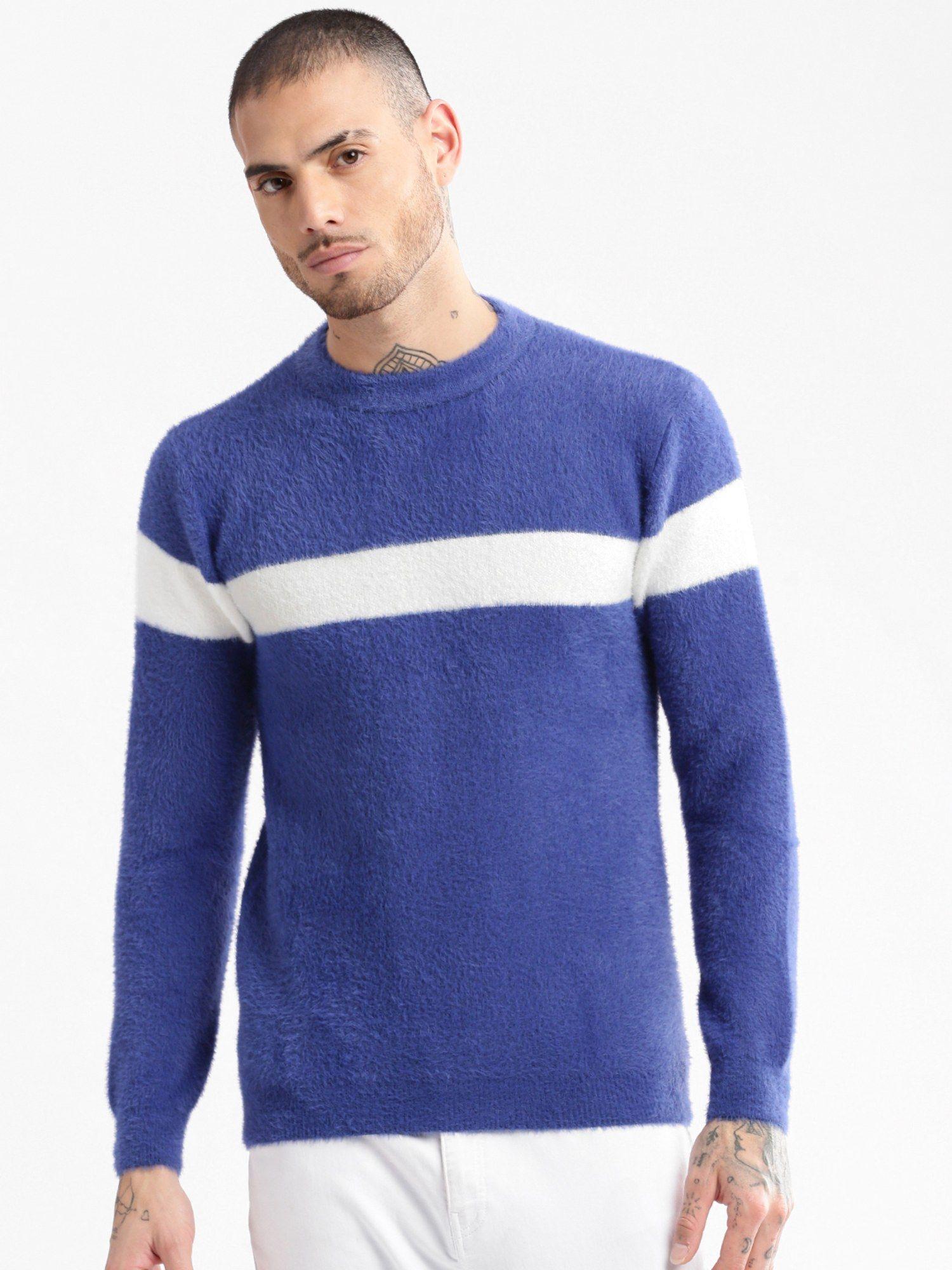 Mens Round Neck Long Sleeves Stripes Blue Pullover