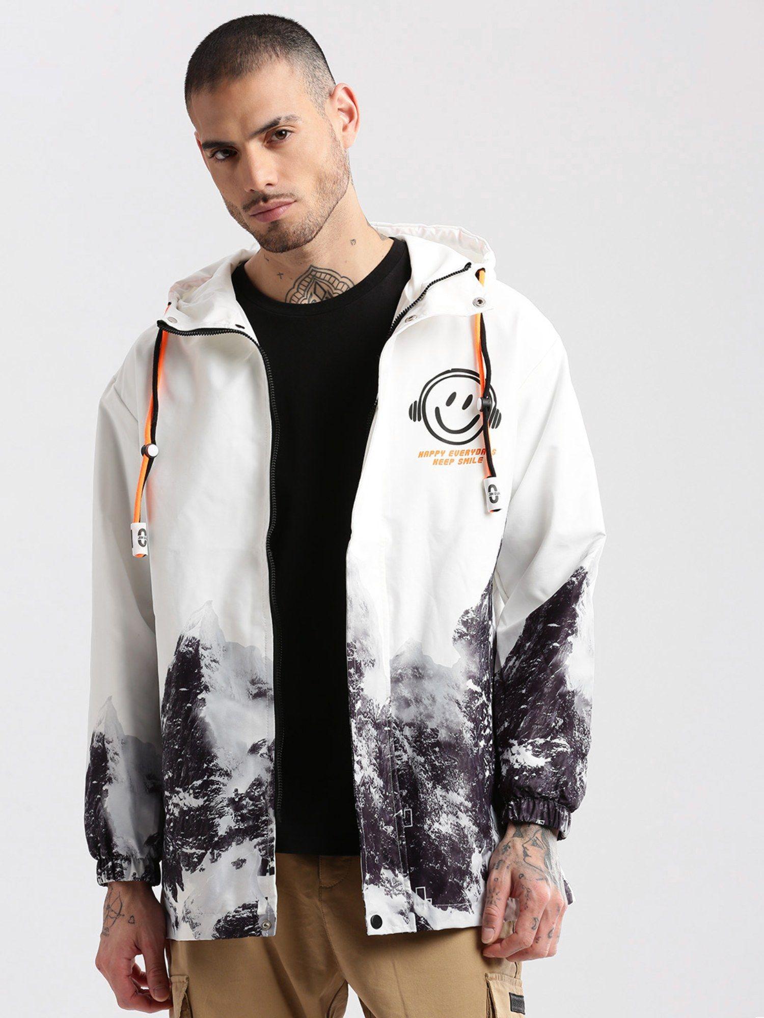 Mens Long Sleeves Hooded White Printed Tailored Oversized Jacket