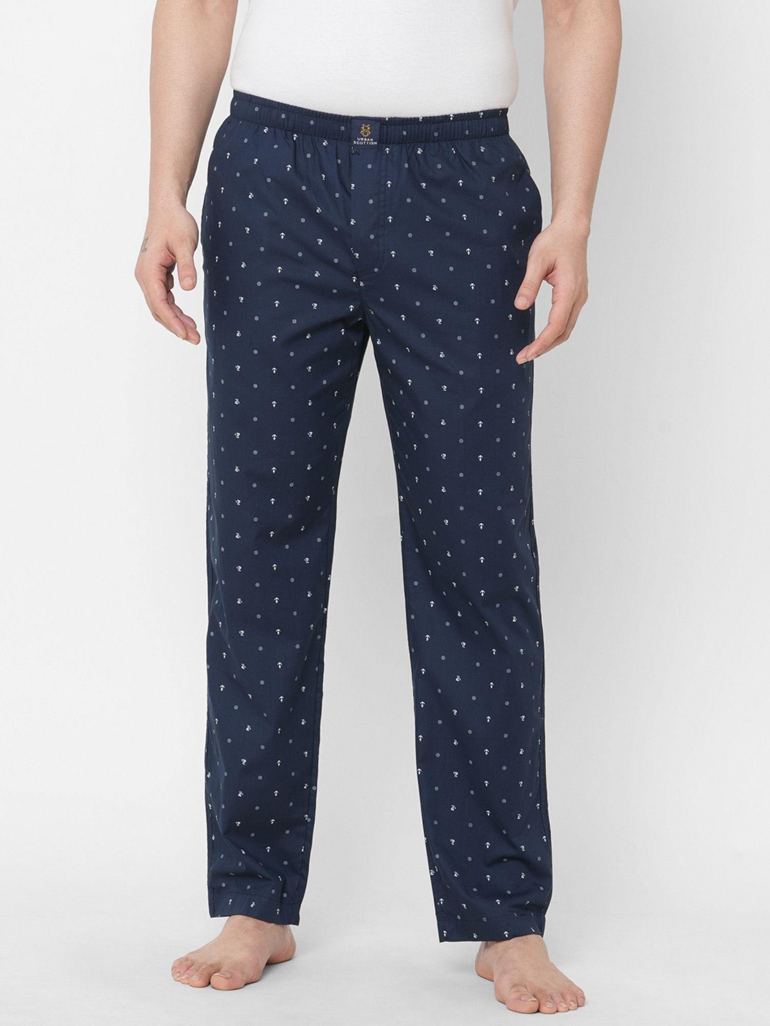 Mens Printed Woven Cotton Full Length Soft Pyjama With Pockets Navy Blue