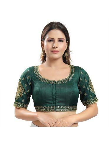 Women Bottle Green Jain Silk Embroidered Readymade Saree Blouse