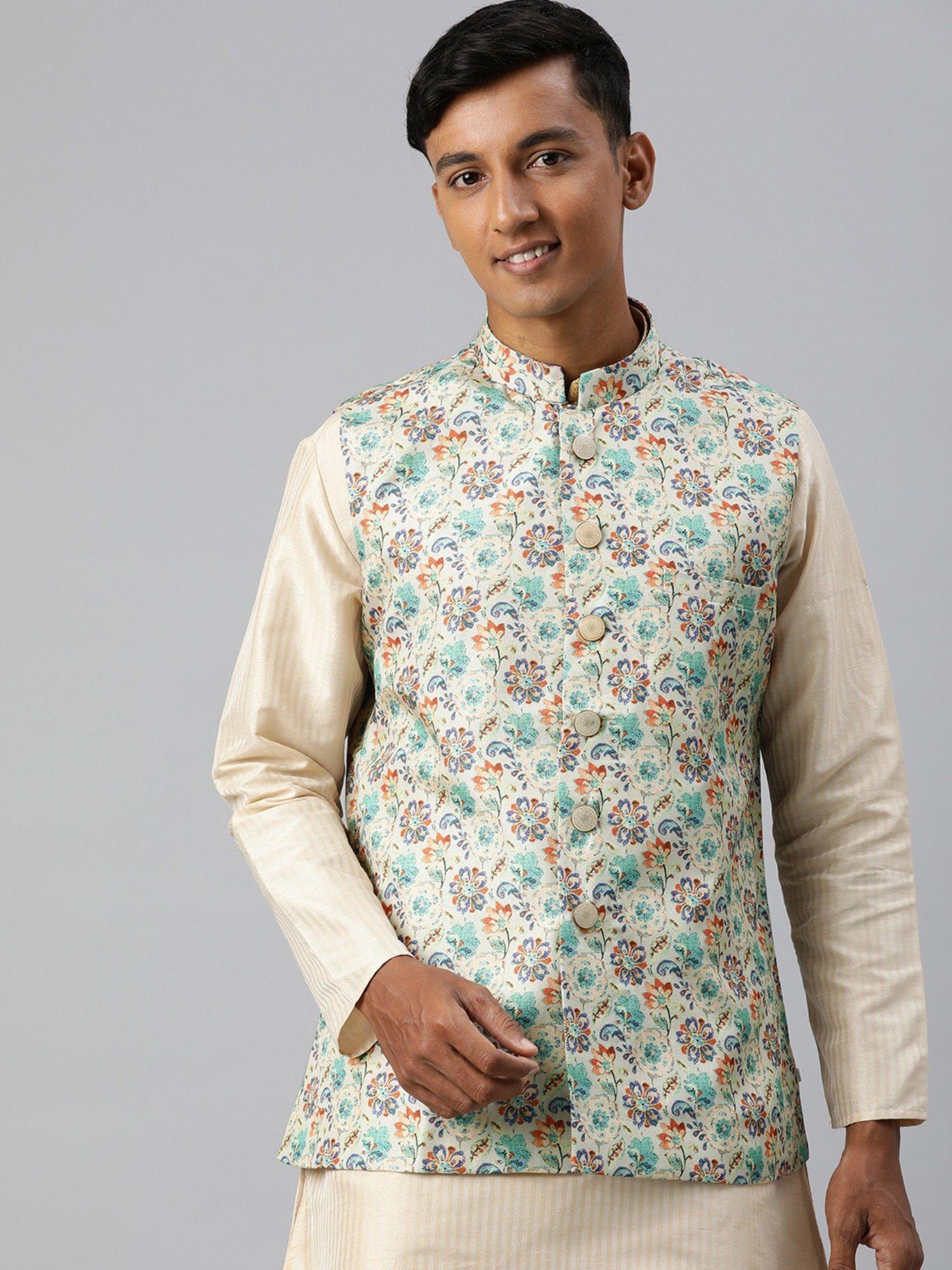 Beige Printed Art Silk Sleeveless Nehru Jacket