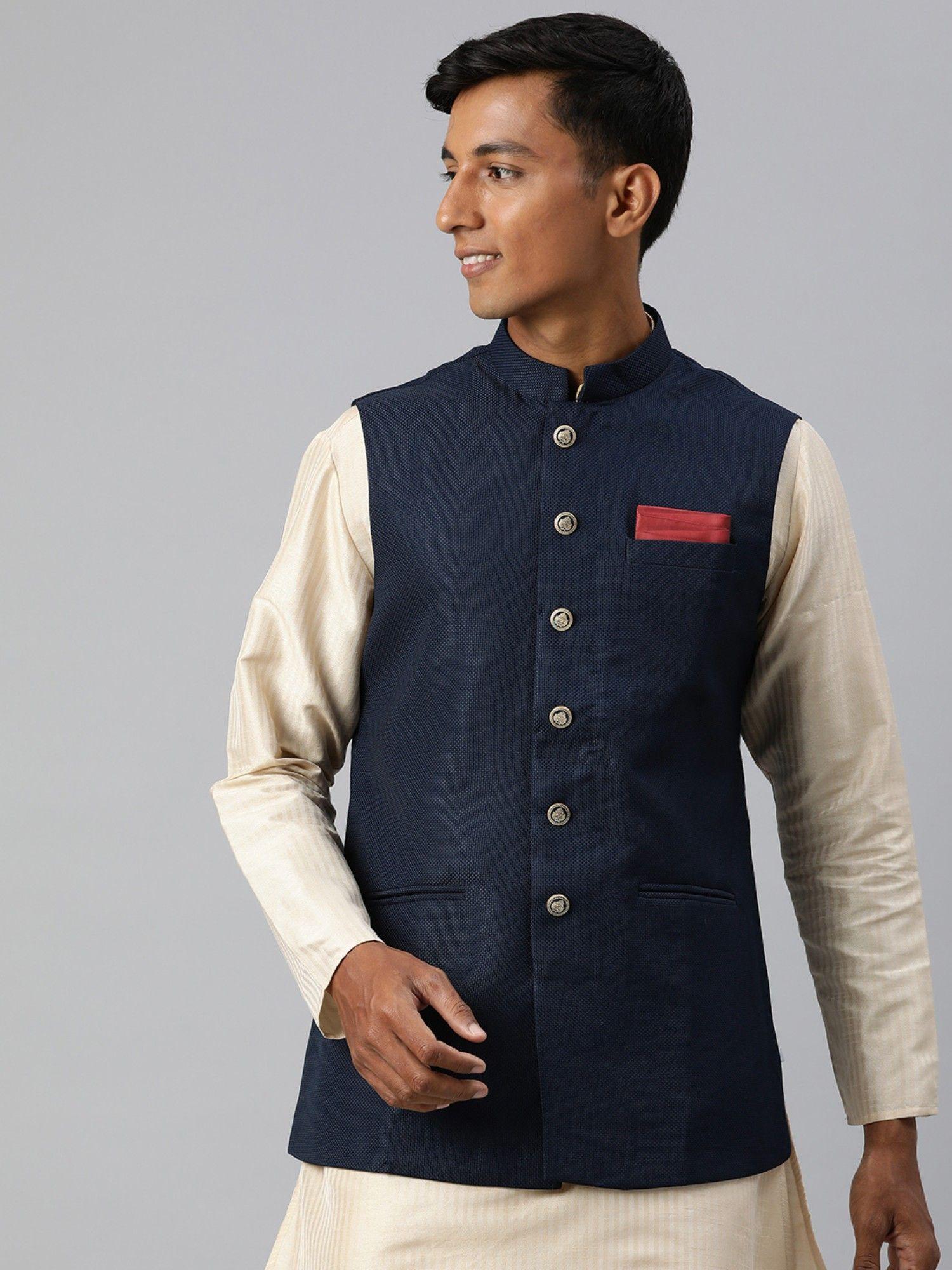 Navy Blue Woven Blended Rayon Sleeveless Nehru Jacket
