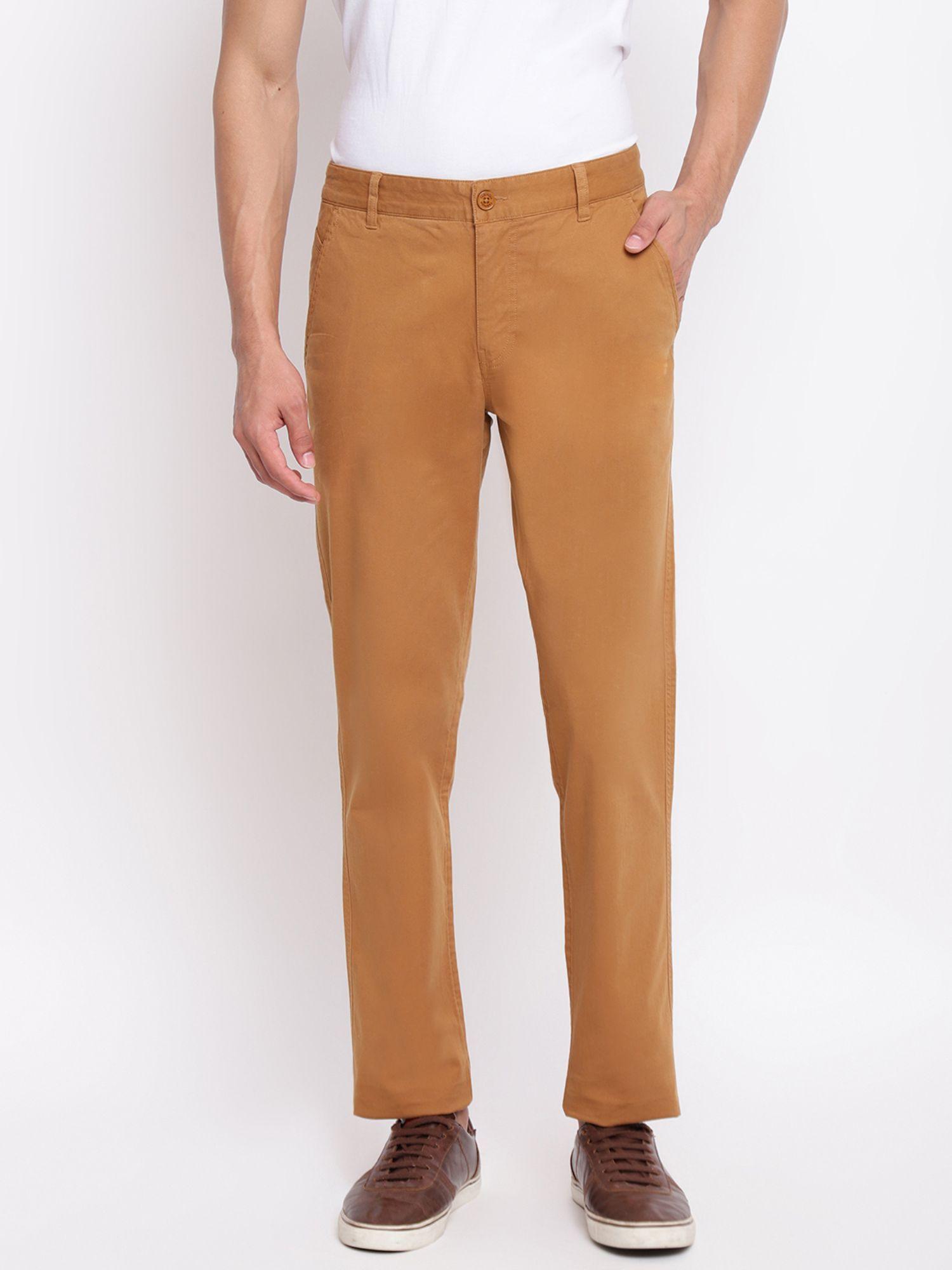 Brown Cotton Solid Trouser