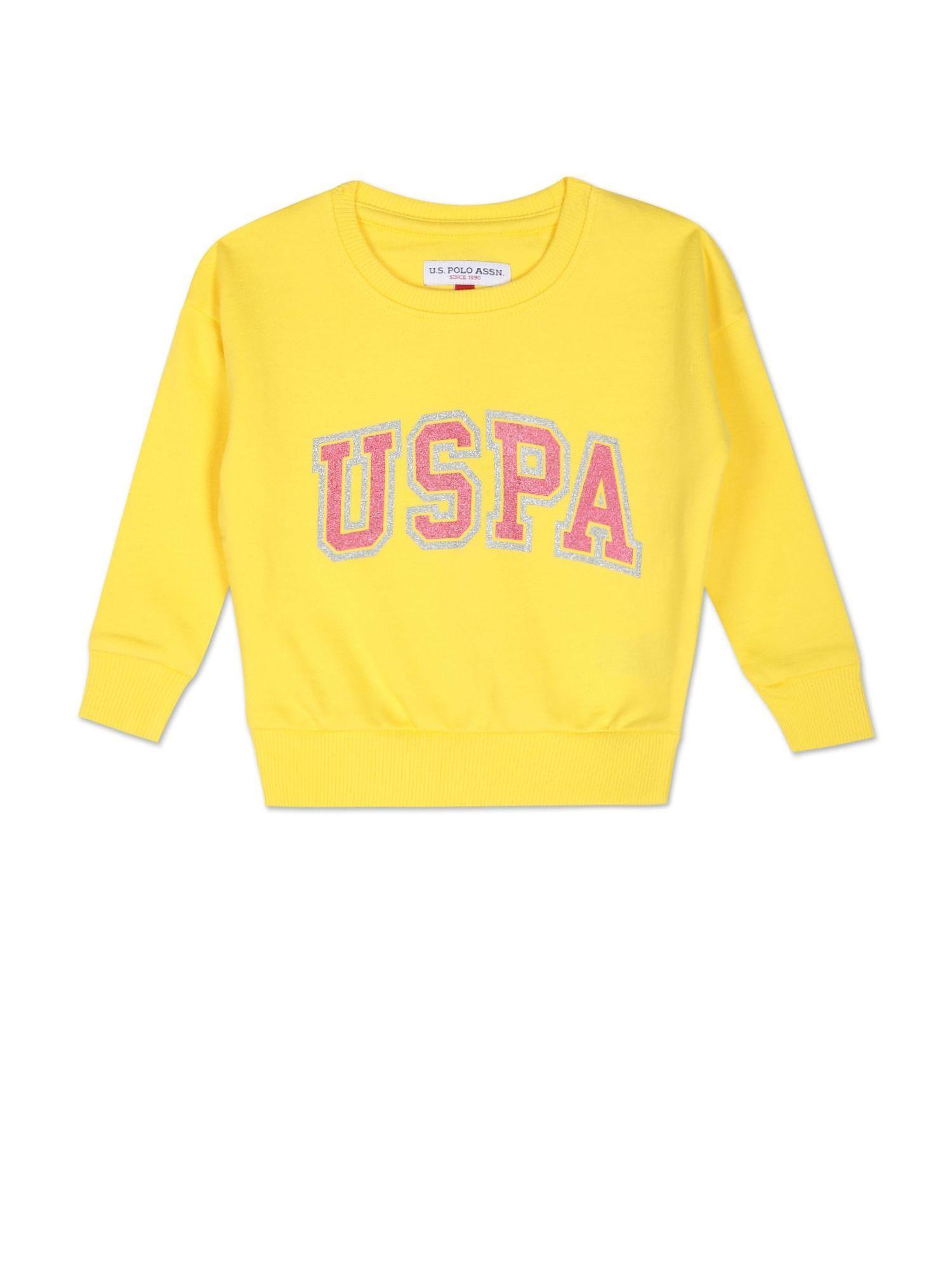 Girls Yellow Crew Neck Printed Sweatshirt