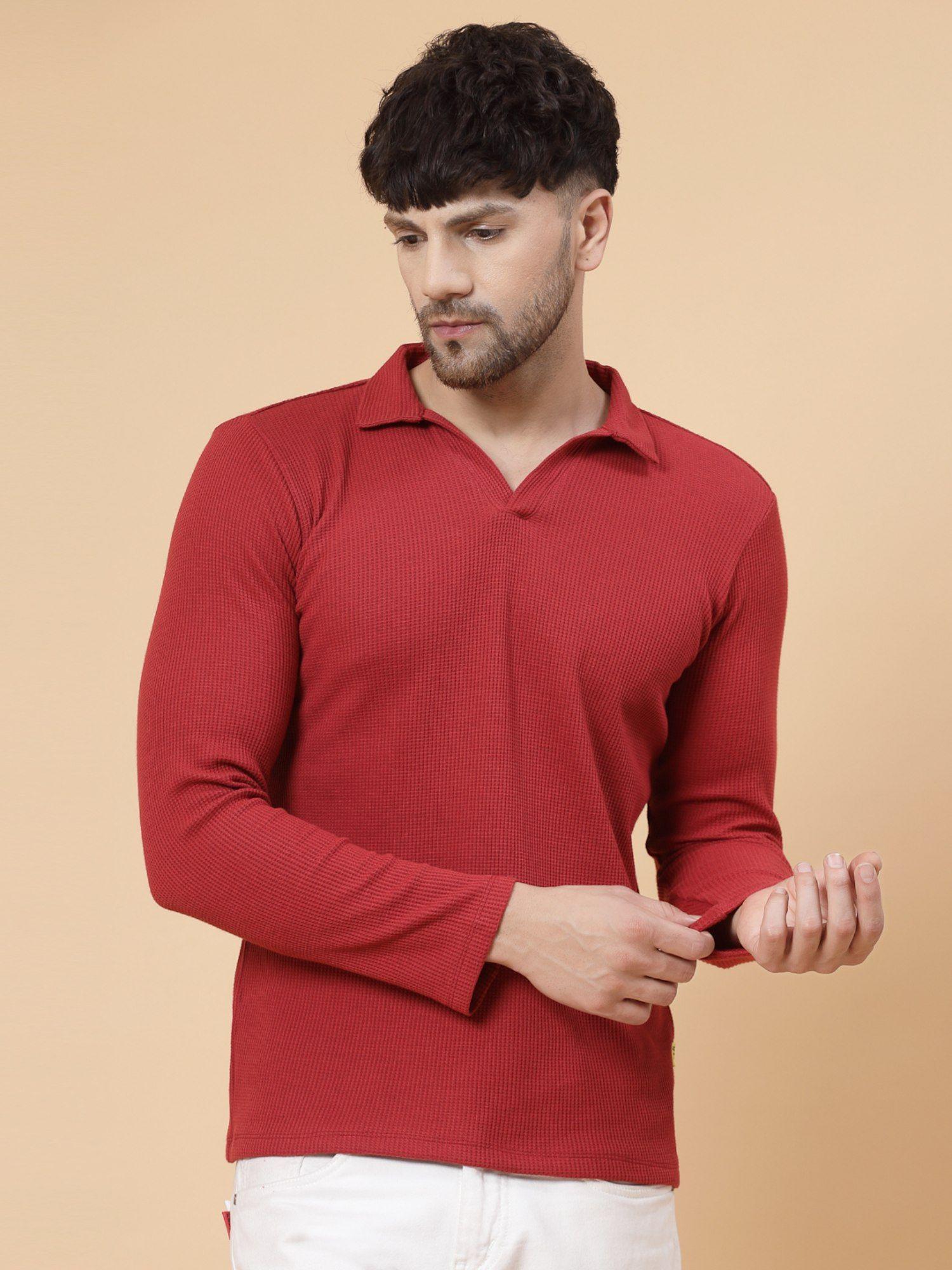 men-maroon-waffle-knit-solid-polo-t-shirt