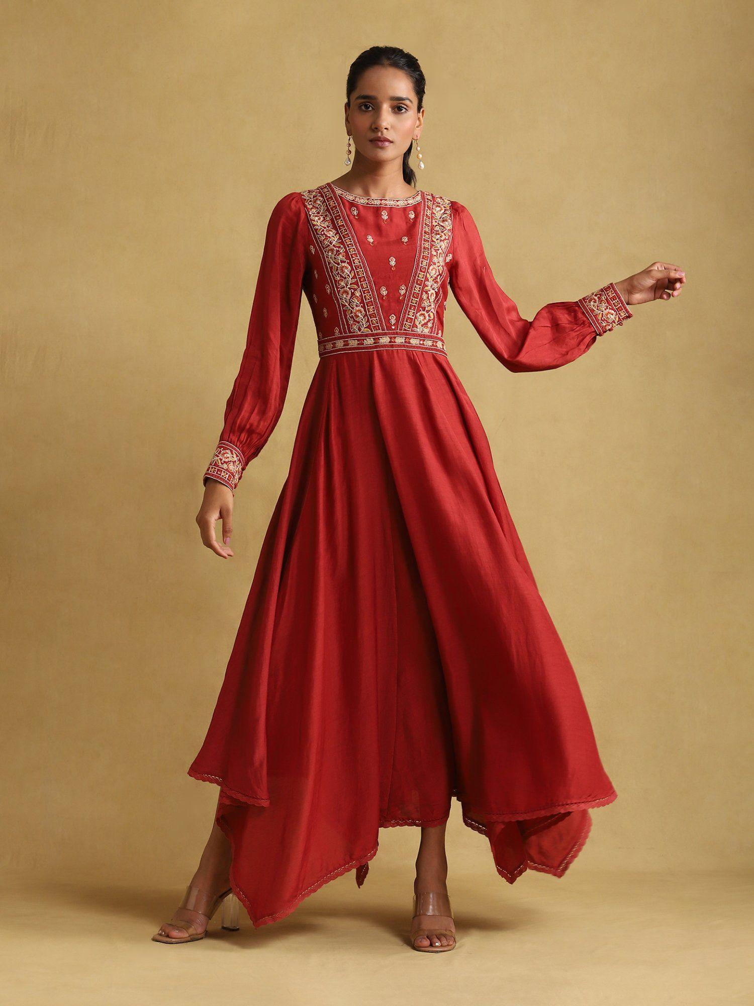 Red Embroidered Viscose Linen Dress