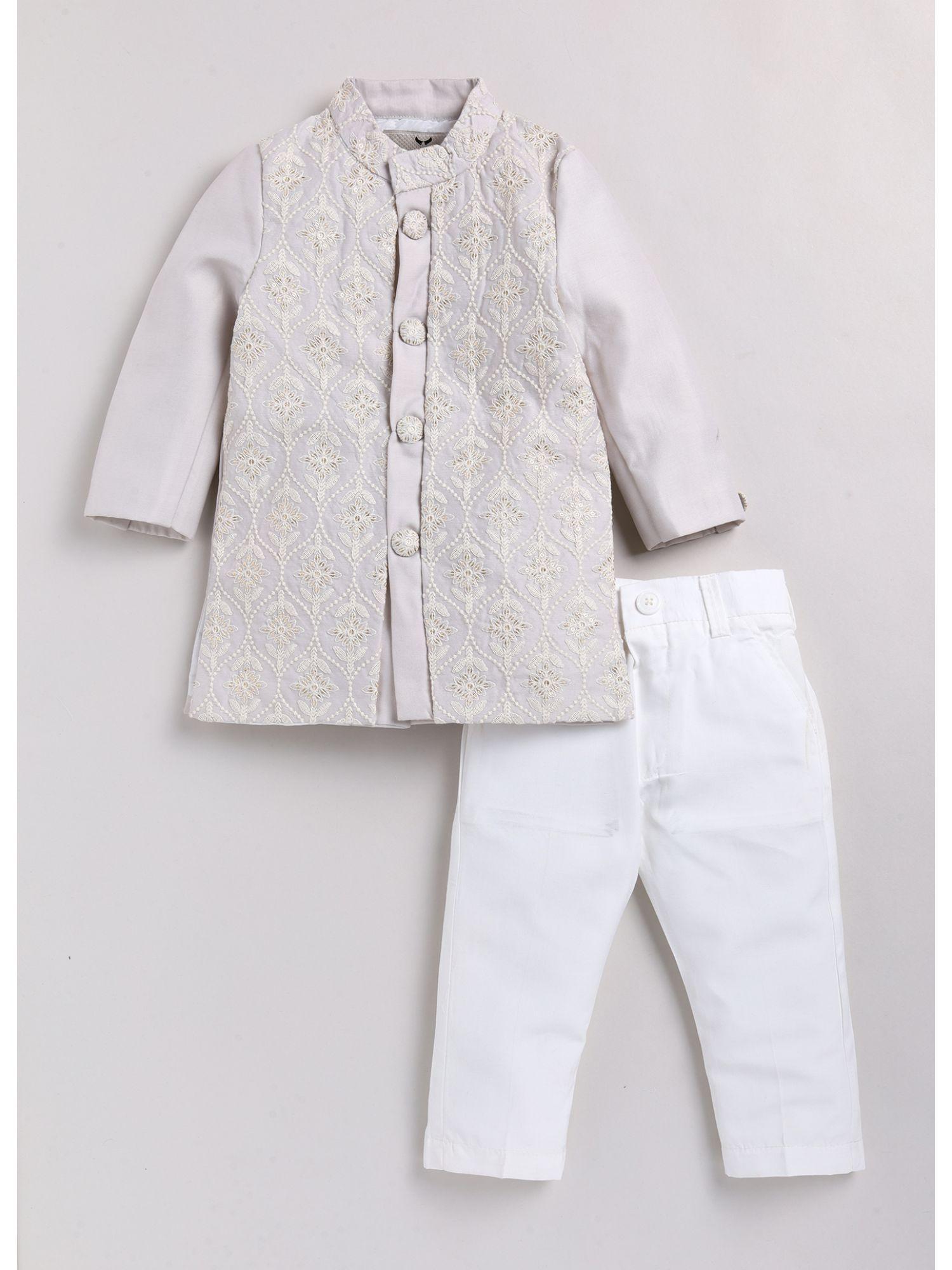 Boys Embroidered Grey Cotton Silk Sherwani and Pant (Set of 2)