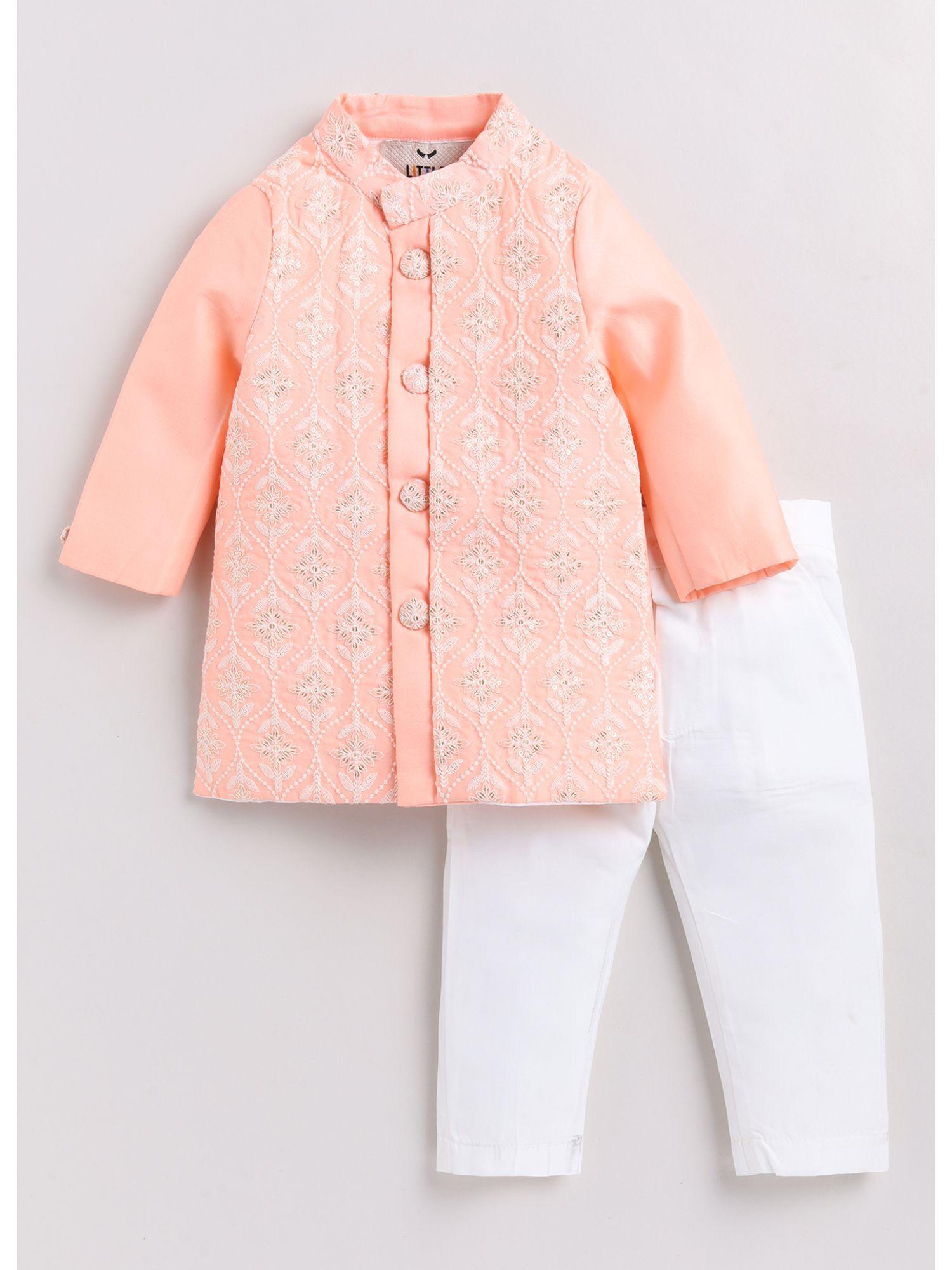 Boys Embroidered Peach Cotton Silk Sherwani and Pant (Set of 2)