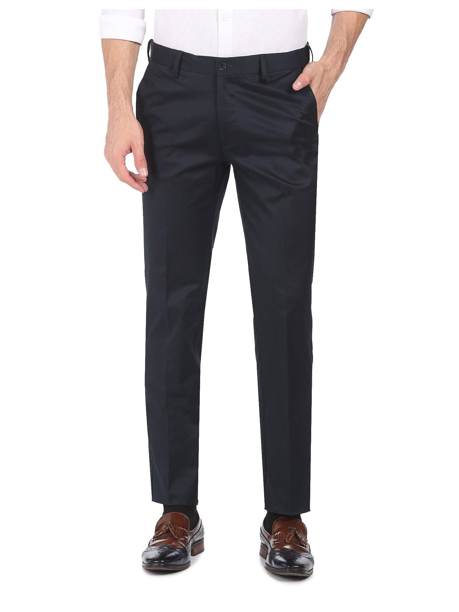 Men Navy Madison Fit Solid Formal Trousers