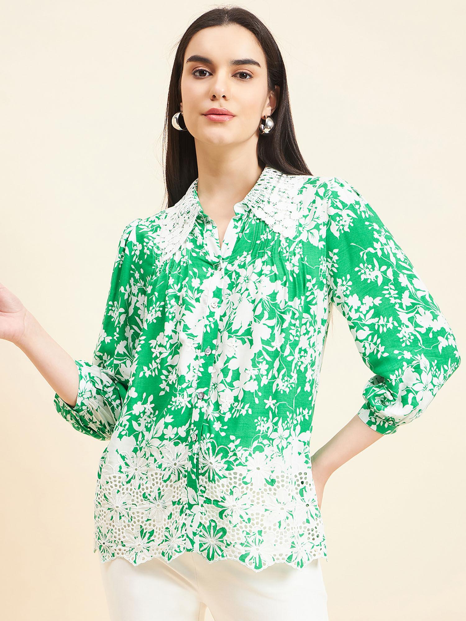 Women Printed Lace Rayon Green Shirt