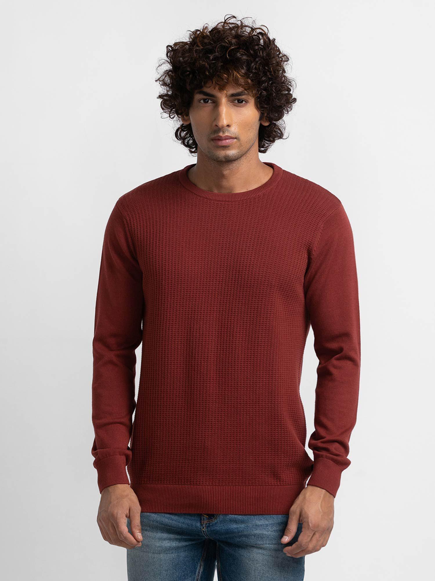 Brick Red Cotton Full Sleeve Casual Sweater for Men