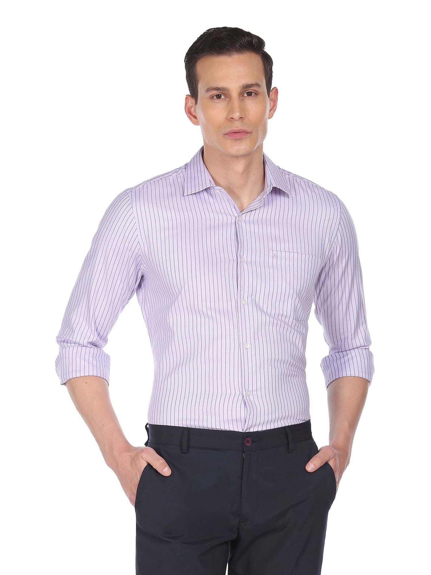 Men Lavender Regular Fit Striped Formal Shirt