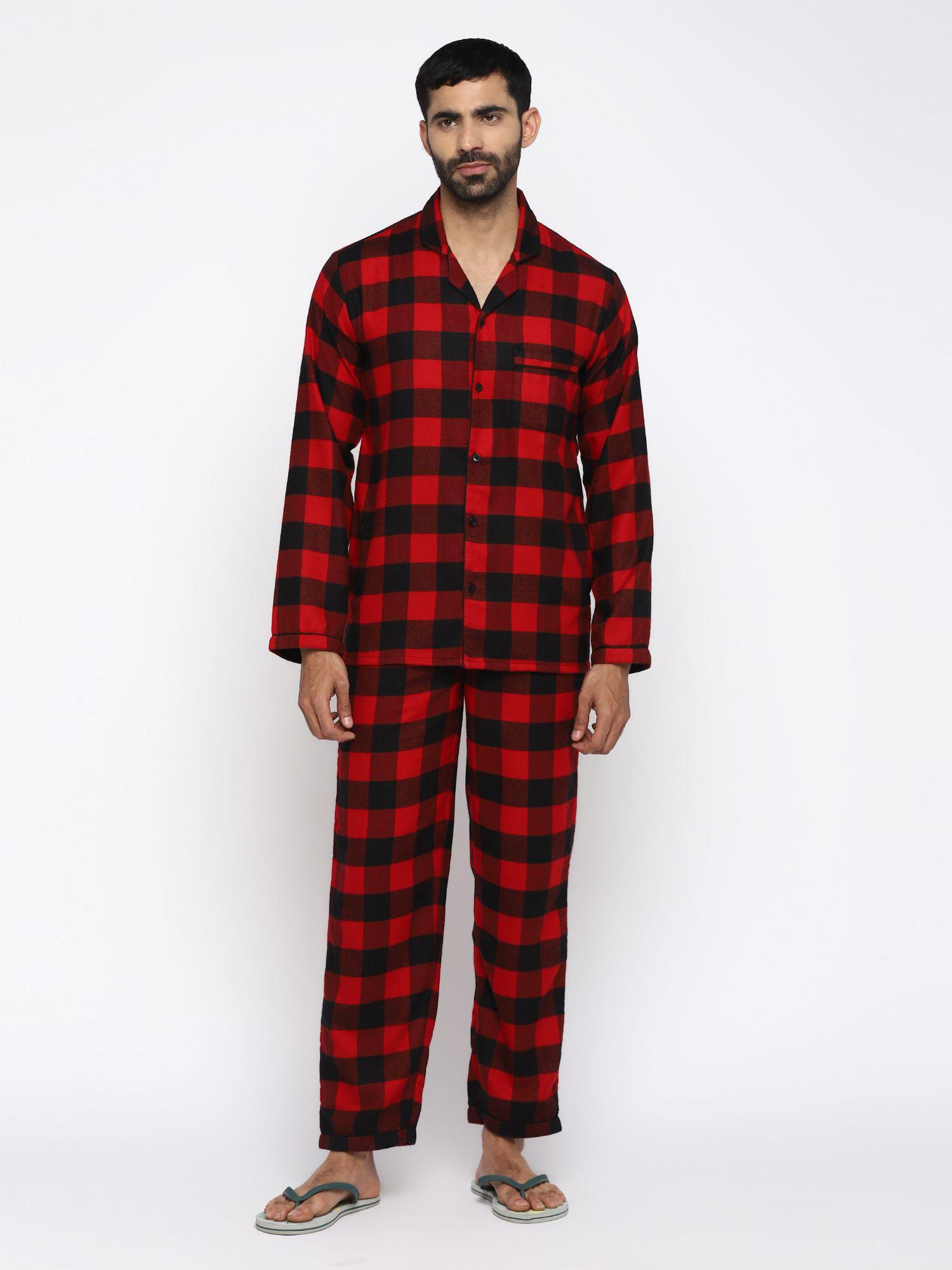 Red Checkered Print Cotton Flannel Long Sleeve Mens Night Suit