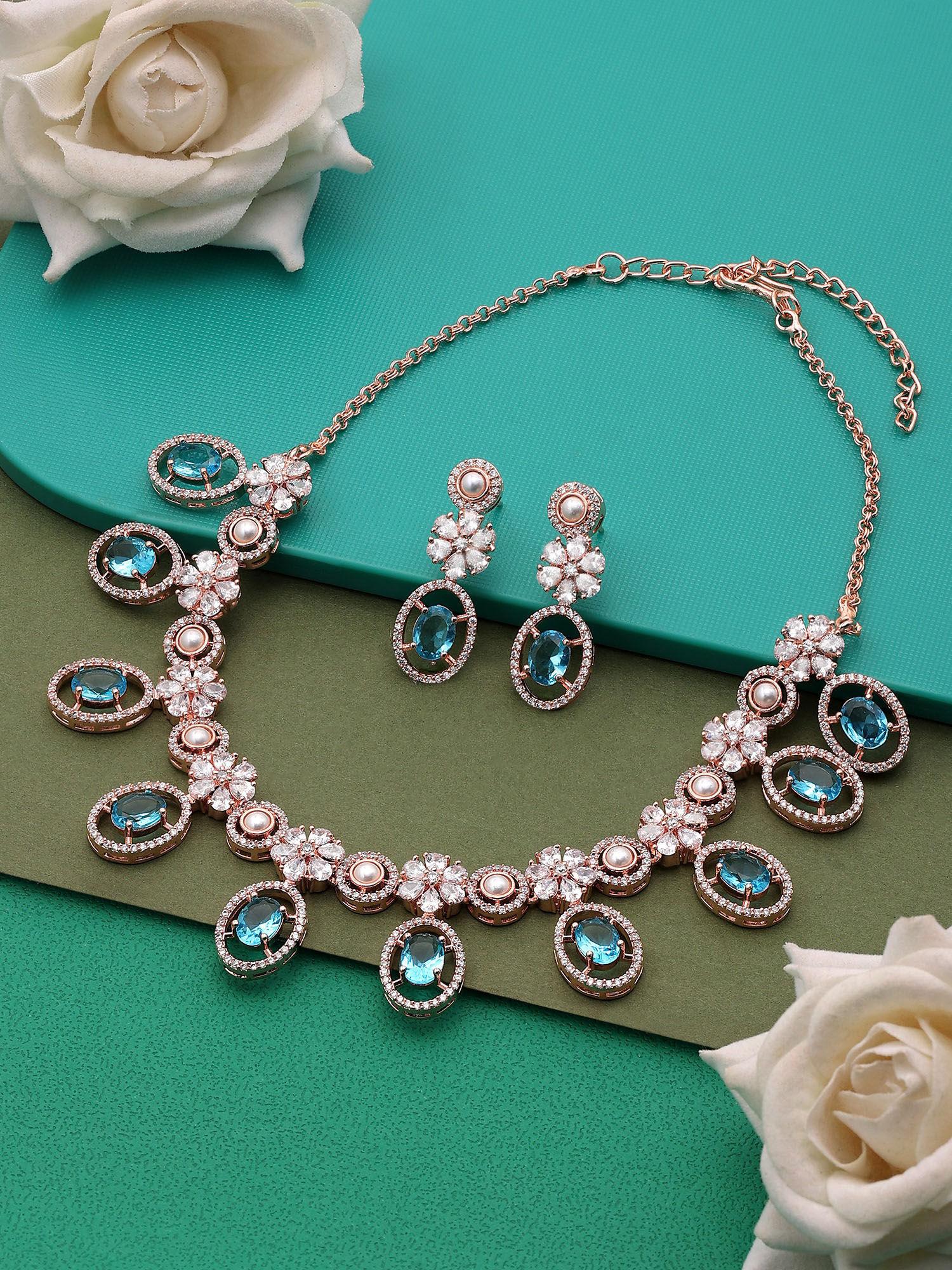 Turquoise Blue Cubic Zirconia Brass Necklace and Earring Set-ZPFK15990