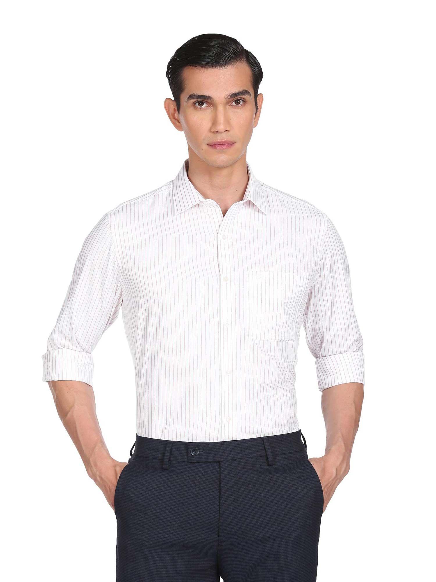 Men White Regular Fit Striped Formal Shirt