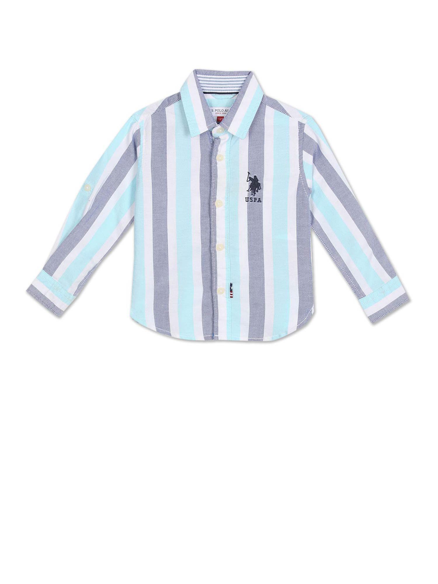 Boys Blue and White Spread Collar Striped Shirt