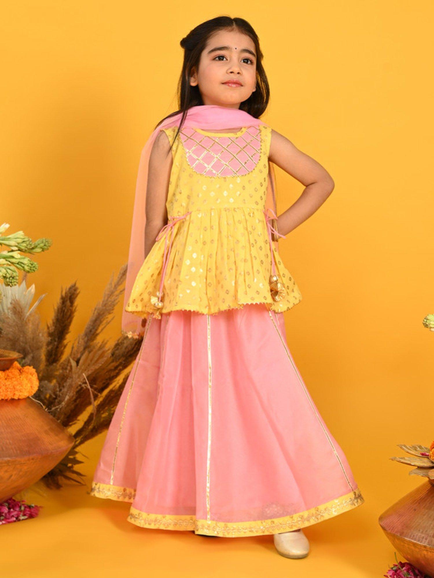 Girls Printed Lehenga Choli with Dupatta Yellow and Pink (Set of 3)