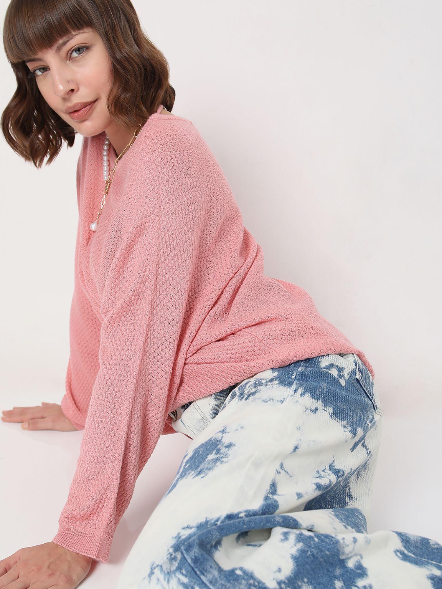 Women Self Design Pink Sweater