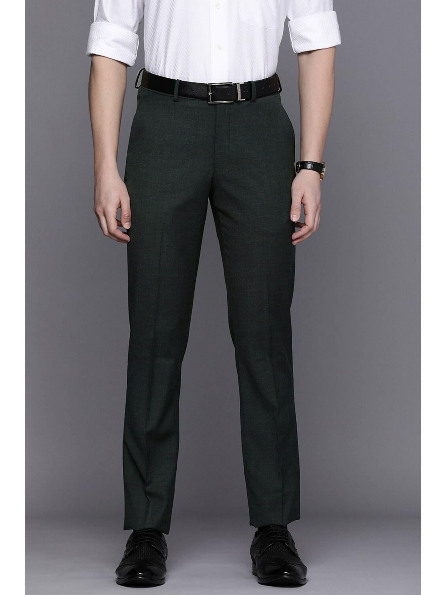 Men Green Slim Fit Solid Flat Front Formal Trousers