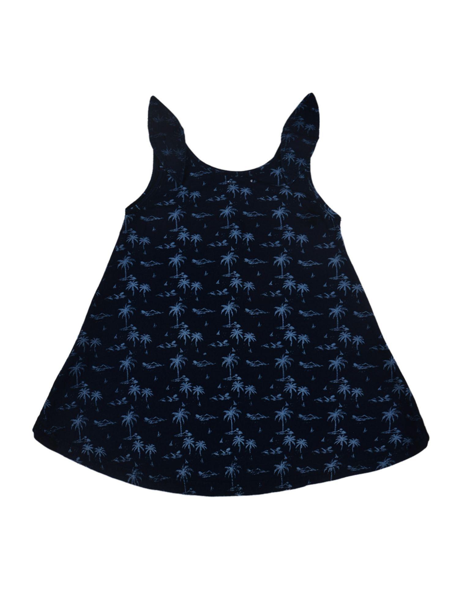 Girls Navy Blue Cotton Printed Knits Top