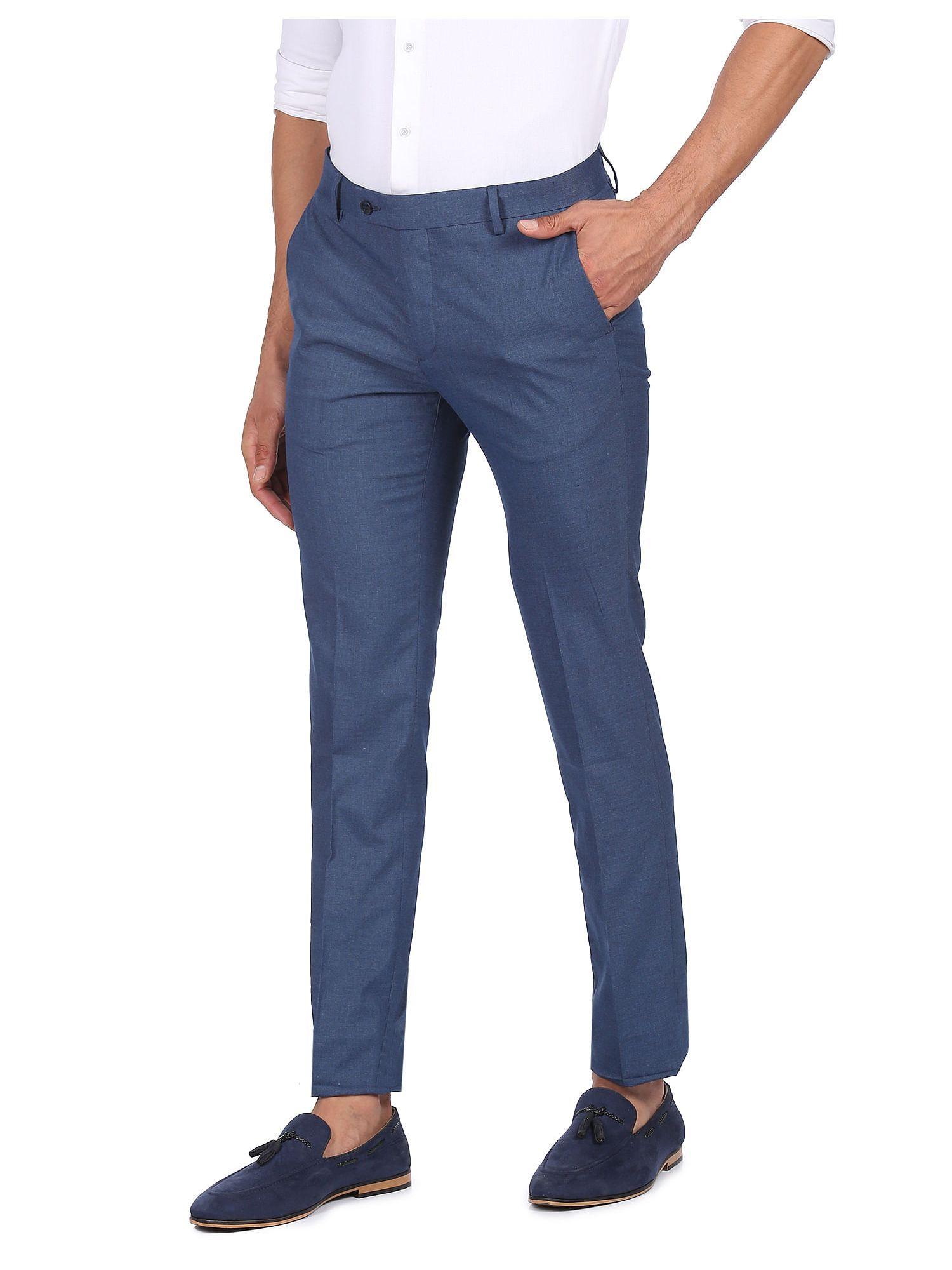 Men Blue Mid Rise Solid Formal Trousers