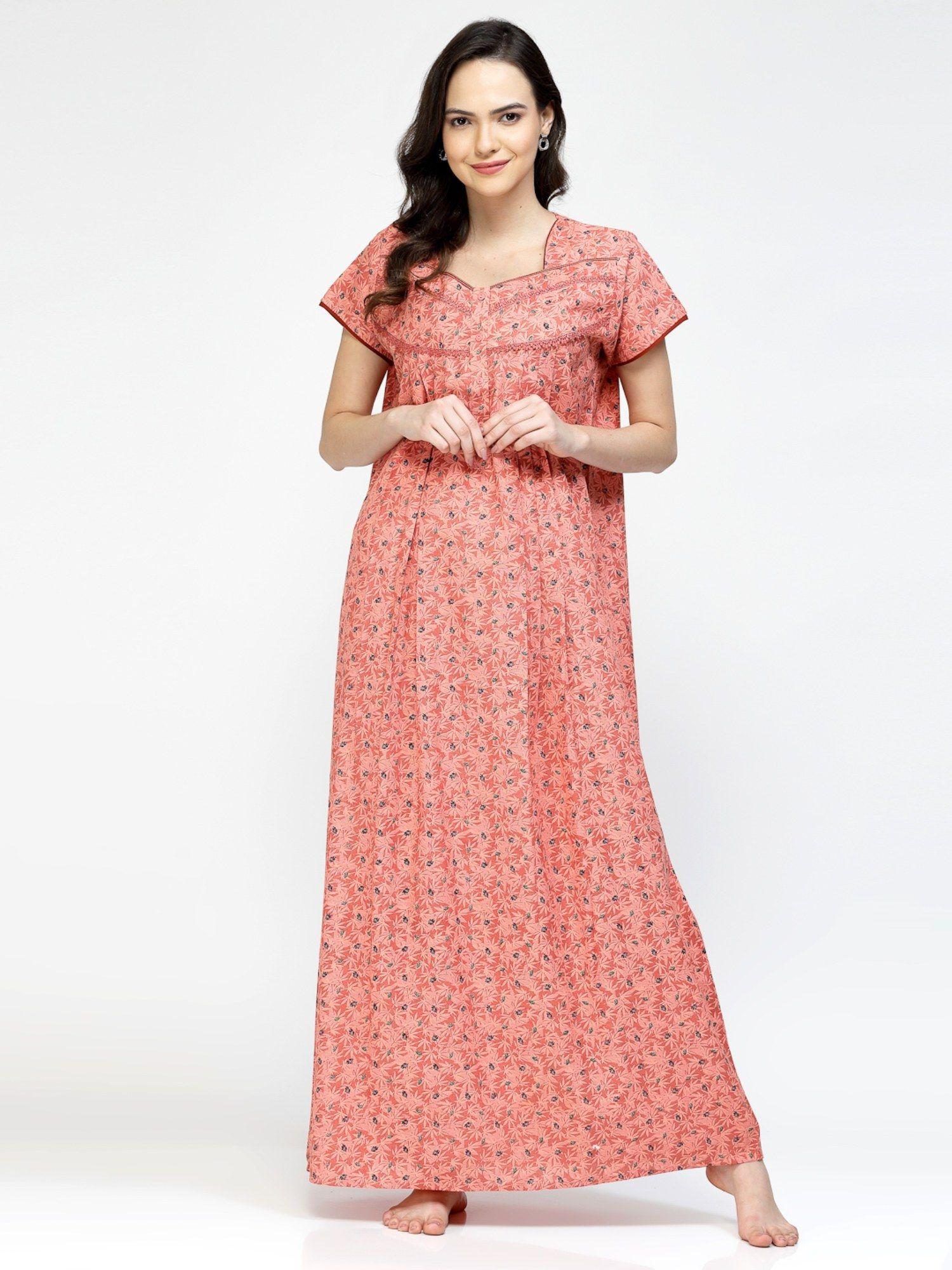 women-printed-half-sleeves-pure-cotton-maxi-nightdress---red