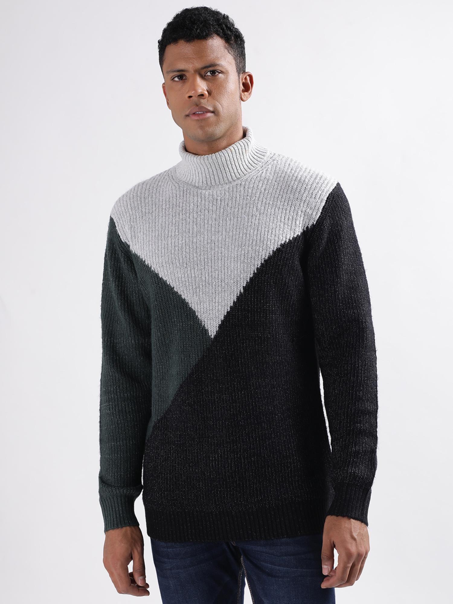 Men Multi-Color Colorblock Turtle Neck Sweater