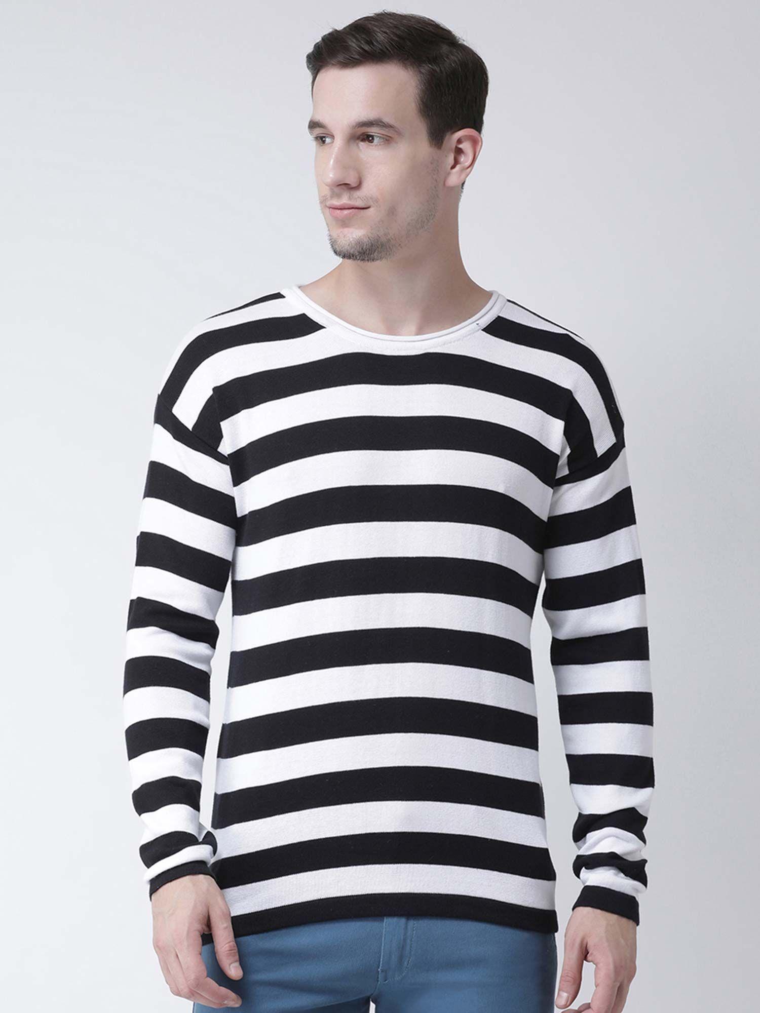 Men Black White Striped Sweater