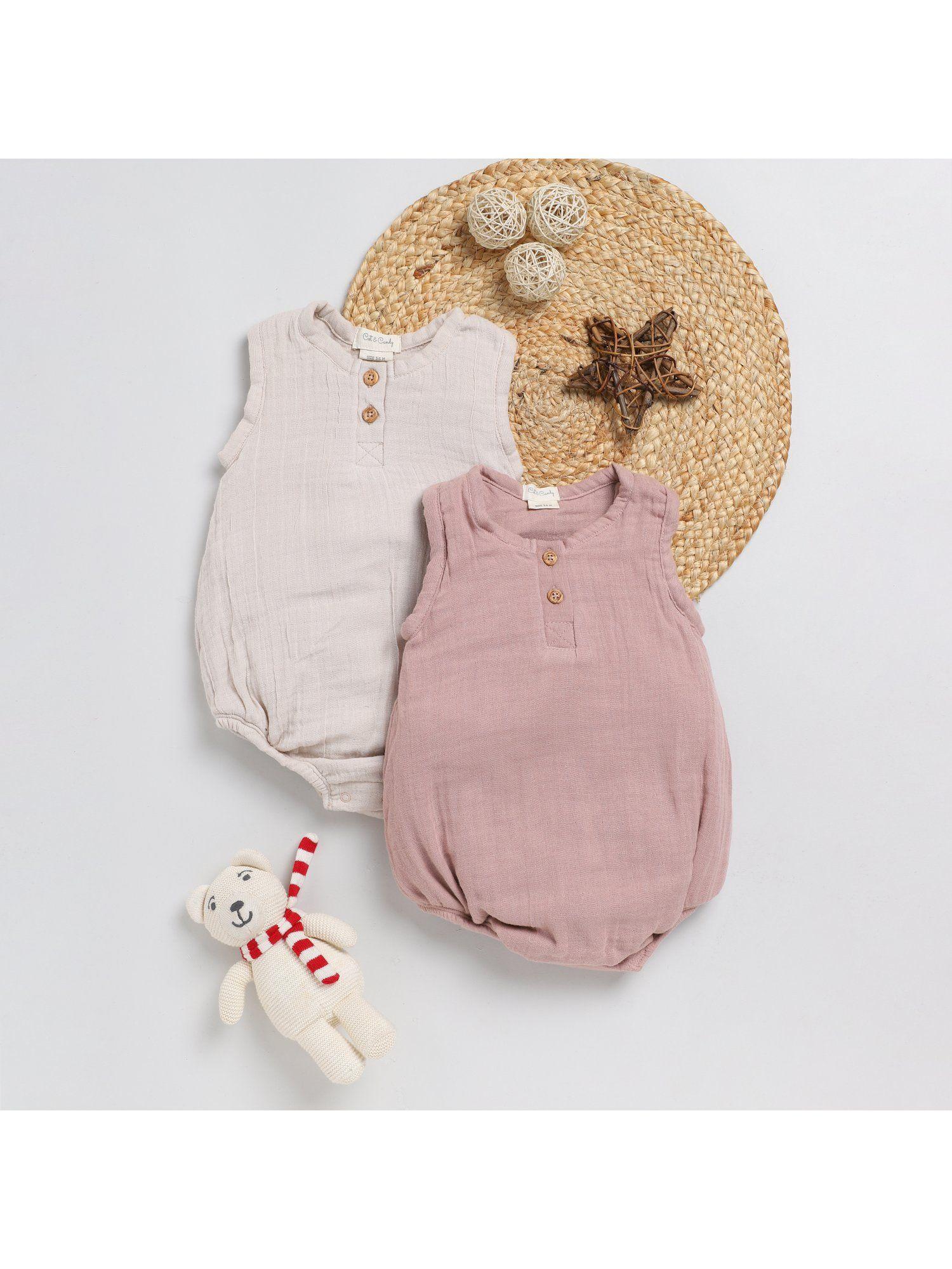 Half Sleeve Oatmeal & Blush Pink Bubble Romper for Kids (Pack of 2)