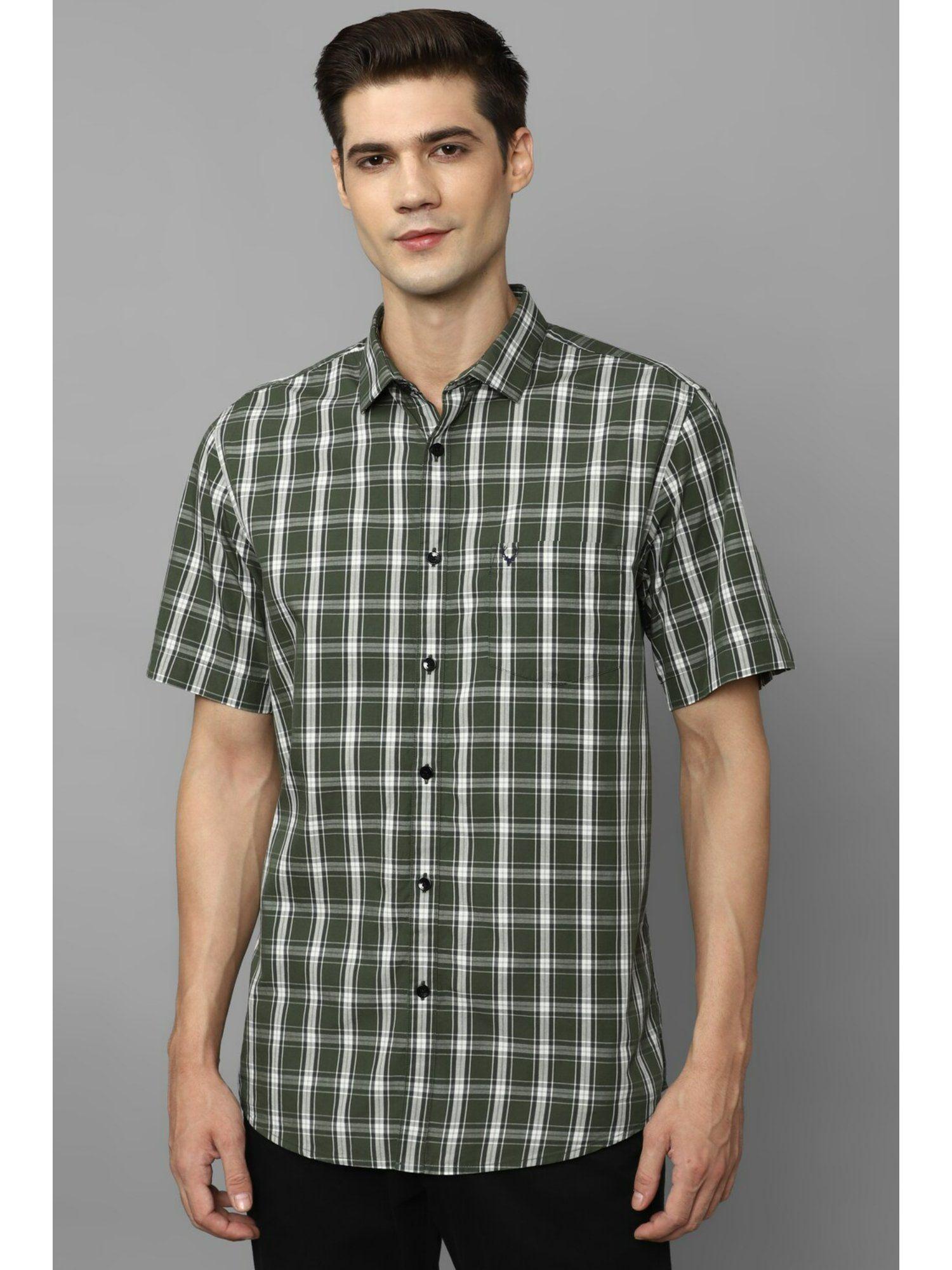 men-olive-slim-fit-check-half-sleeves-casual-shirts
