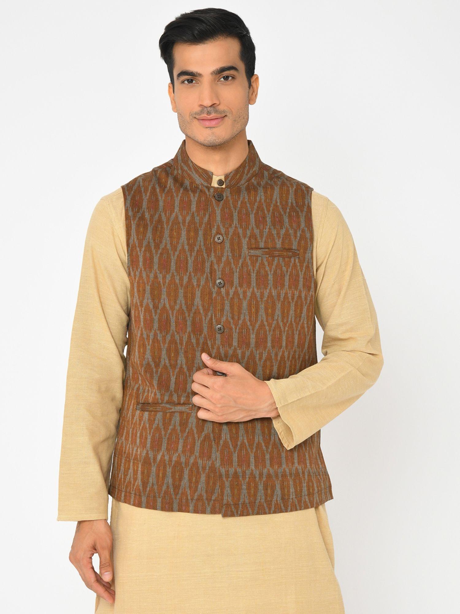 Cotton Brown Self Design Men Nehru Jacket