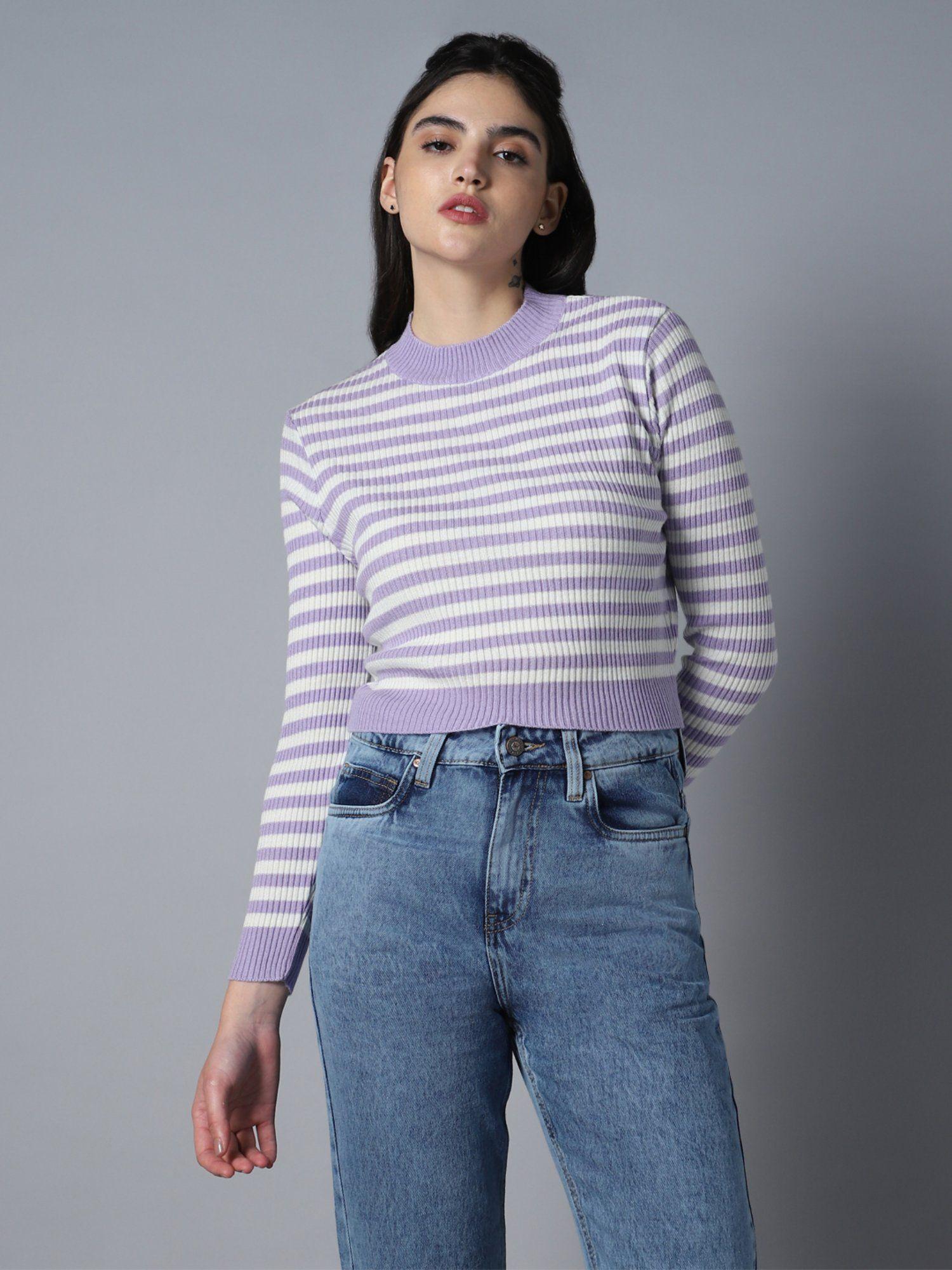Women Acrylic Striped Long Sleeves High Neck Sweaters
