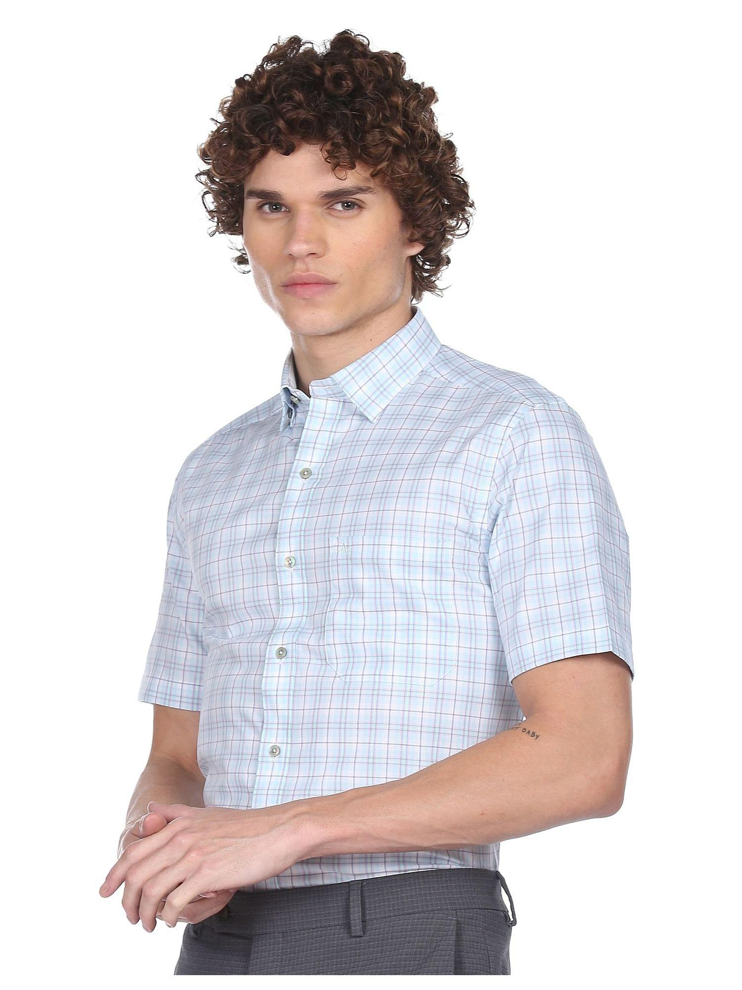 men-light-blue-short-sleeve-check-formal-shirt