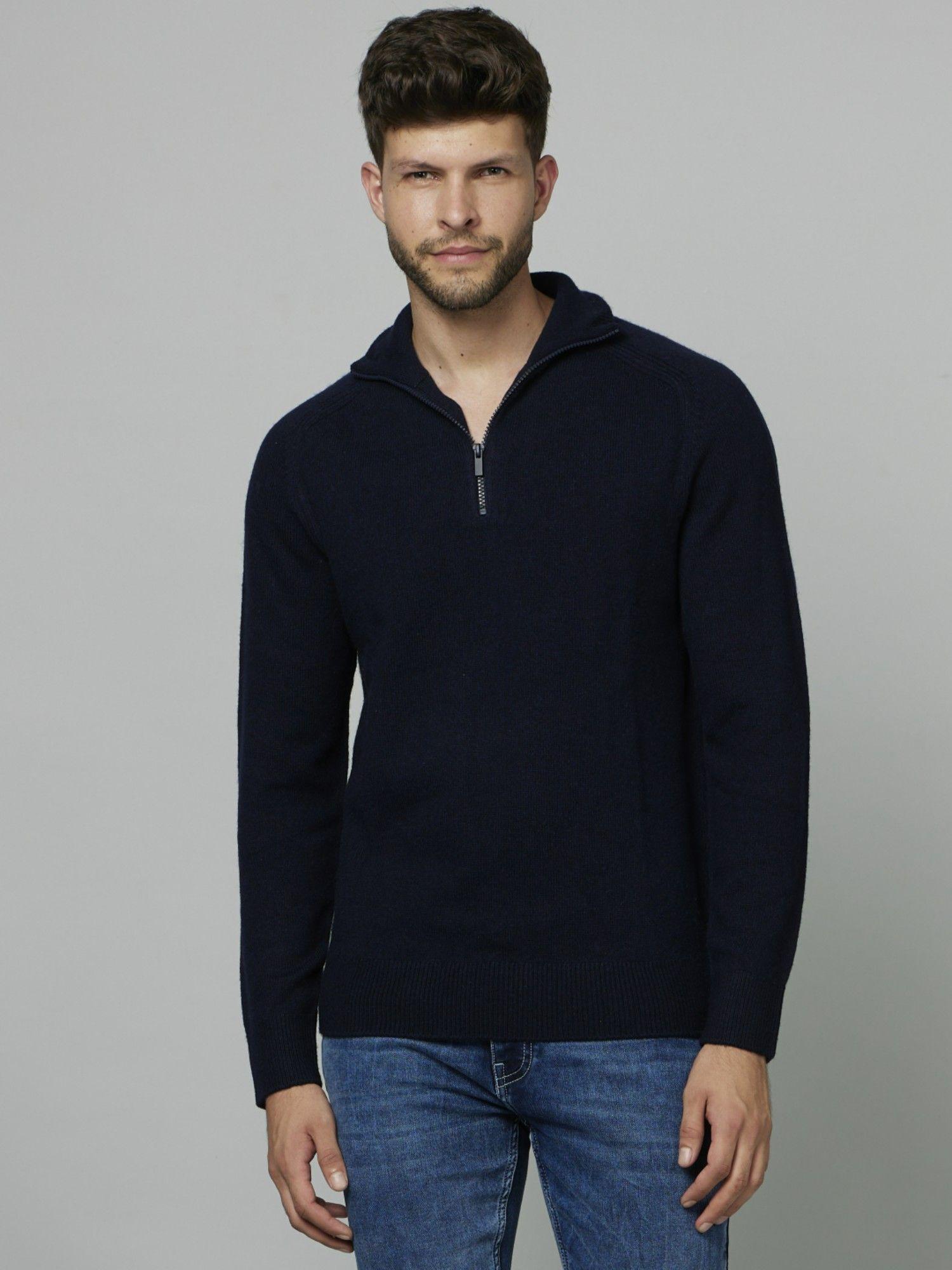 Basic Solid Navy Blue Long Sleeves Sweater