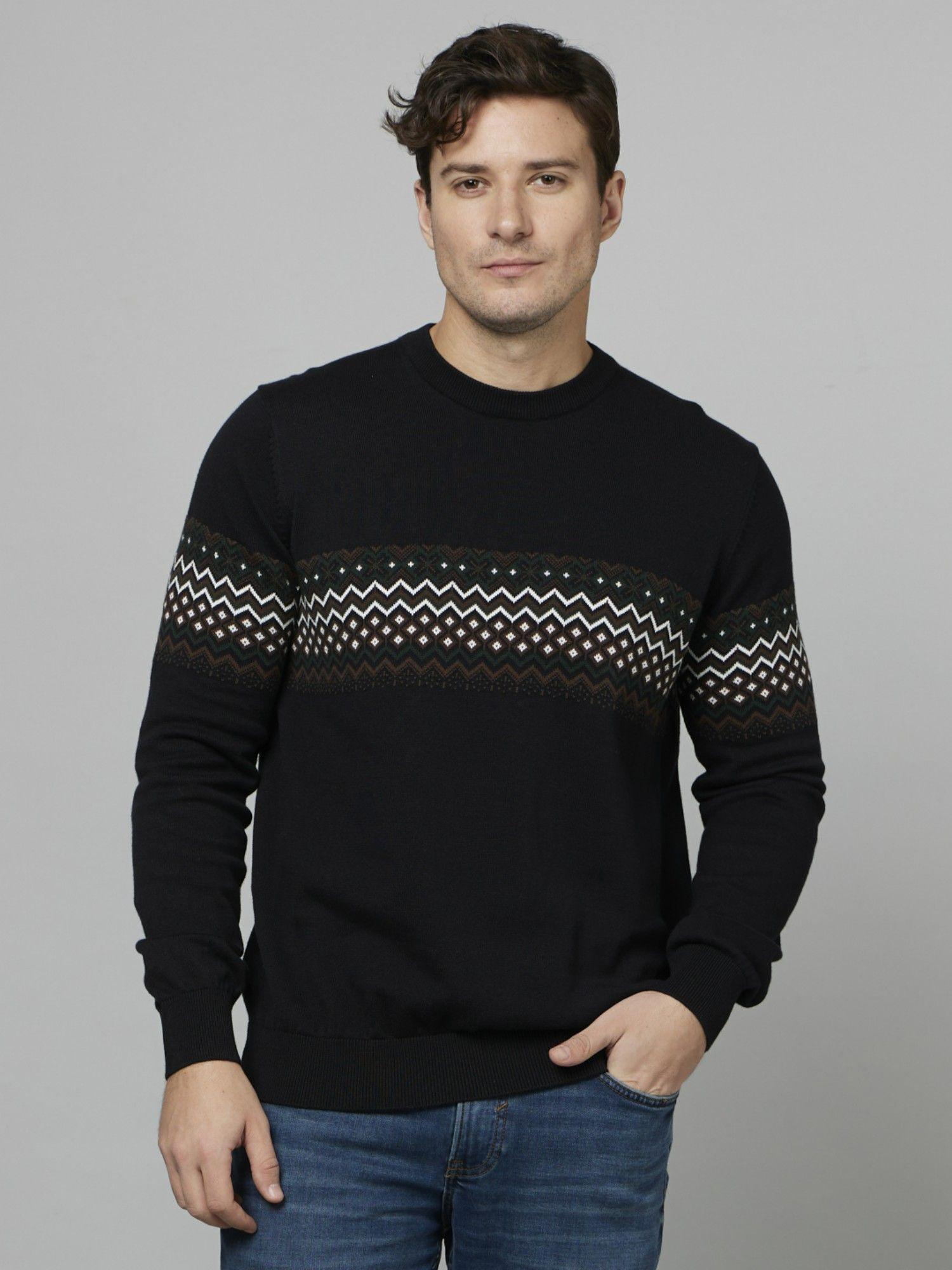 printed-black-long-sleeves-round-neck-structured-sweater
