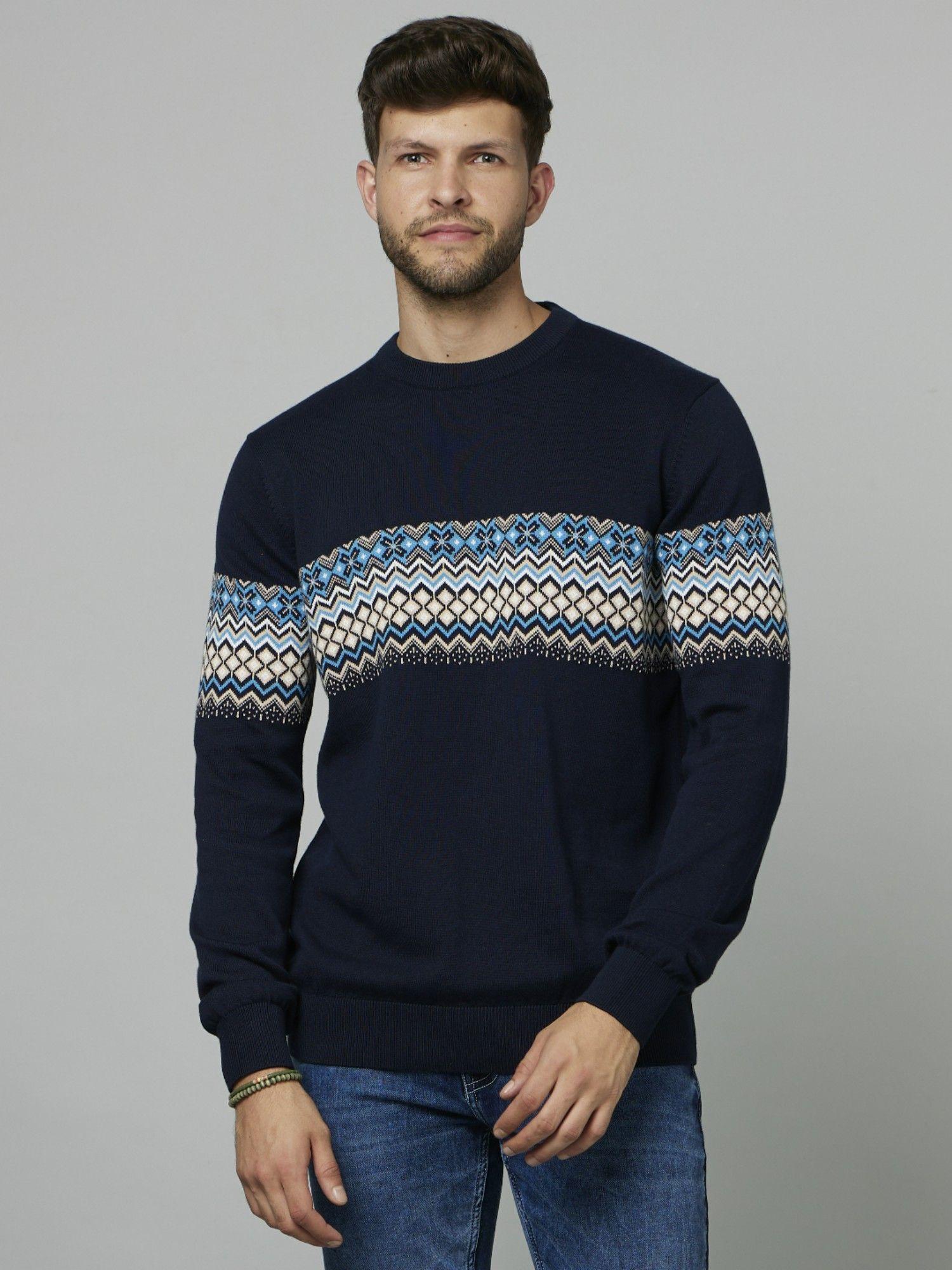 Printed Navy Blue Long Sleeves Round Neck Structured Sweater